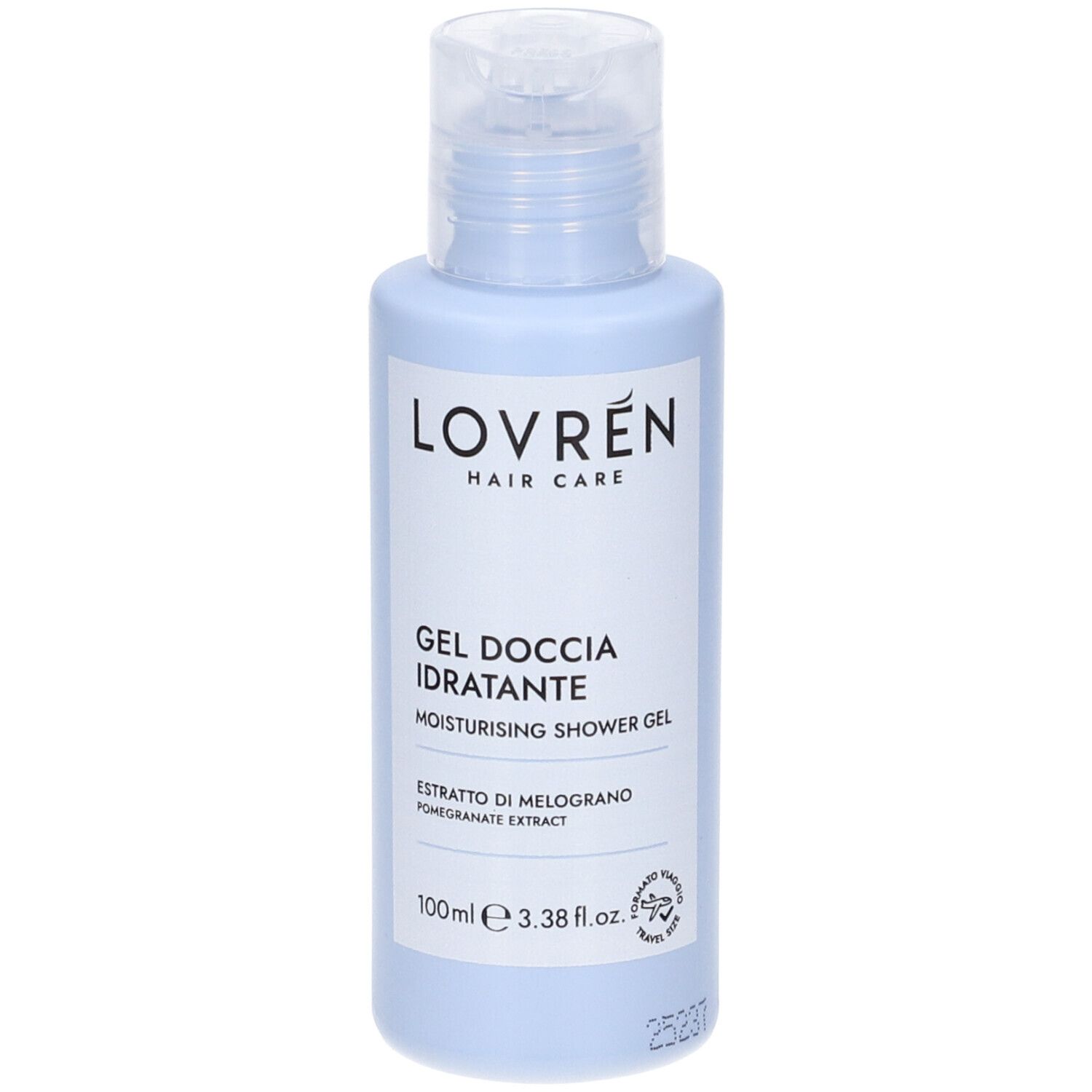 Flacone azzurro con tappo trasparente. Scritta: Lovrén, Gel Doccia Idratante, 100ml.