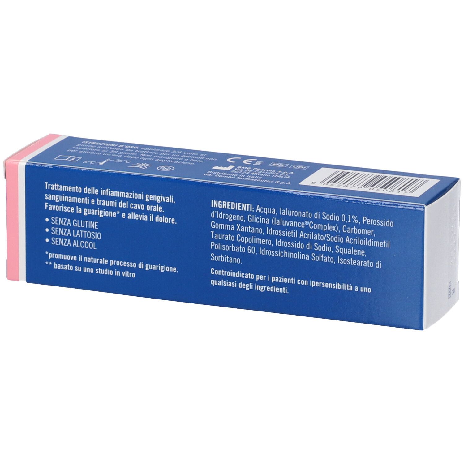 Retro della scatola Euclorina Gengive. Testo: Trattamento delle infiammazioni gengivali. Ingredienti. Senza glutine, lattosio e alcool.