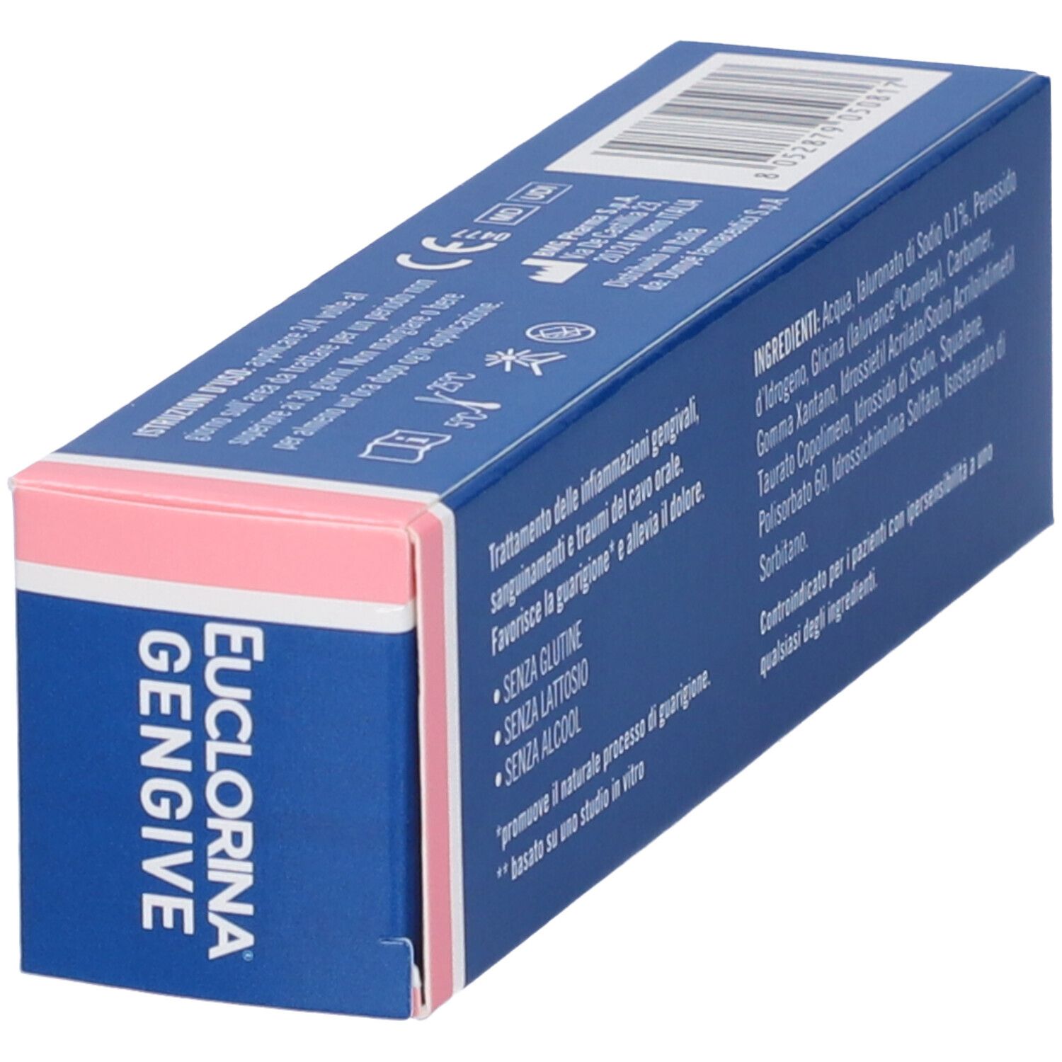 Scatola Euclorina Gengive. Scritto: Euclorina Gengive. Testo: Trattamento delle infiammazioni gengivali. Ingredienti. Senza glutine, lattosio e alcool.