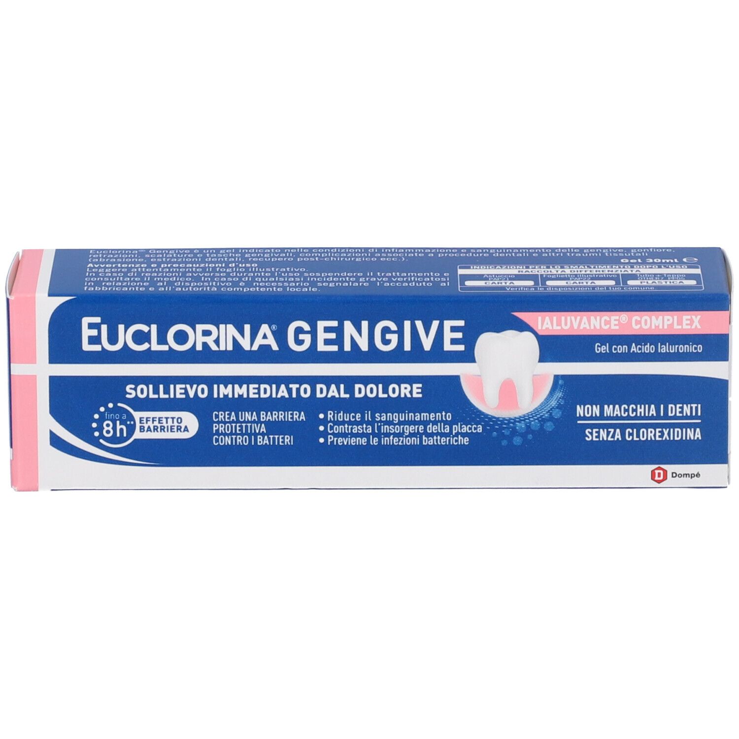 Confezione Euclorina Gengive. Scritto: Sollievo immediato dal dolore. Contiene Ialuvance Complex. Non macchia i denti, senza clorexidina. Colori rosa e blu.