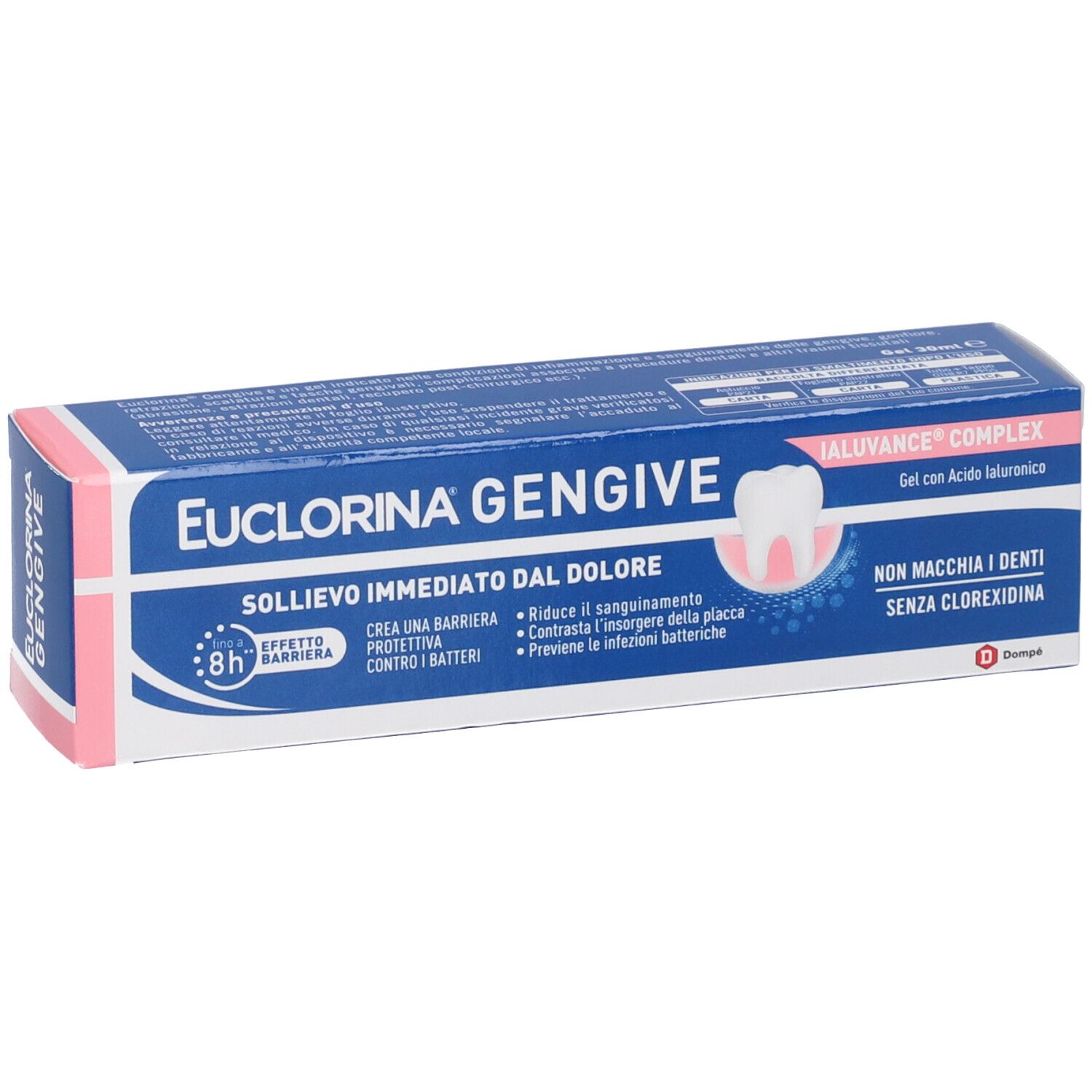 Confezione Euclorina Gengive. Scritto: Sollievo immediato dal dolore. Contiene Ialuvance Complex. Non macchia i denti, senza clorexidina. Colori rosa e blu.