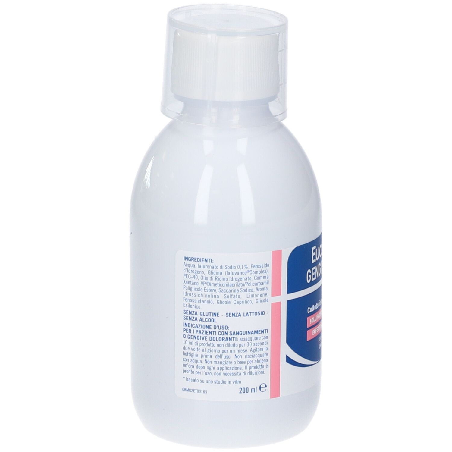 Retro del flacone bianco. Testo: Ingredienti, senza glutine, senza lattosio. 200 ml. Etichetta con informazioni sugli ingredienti.