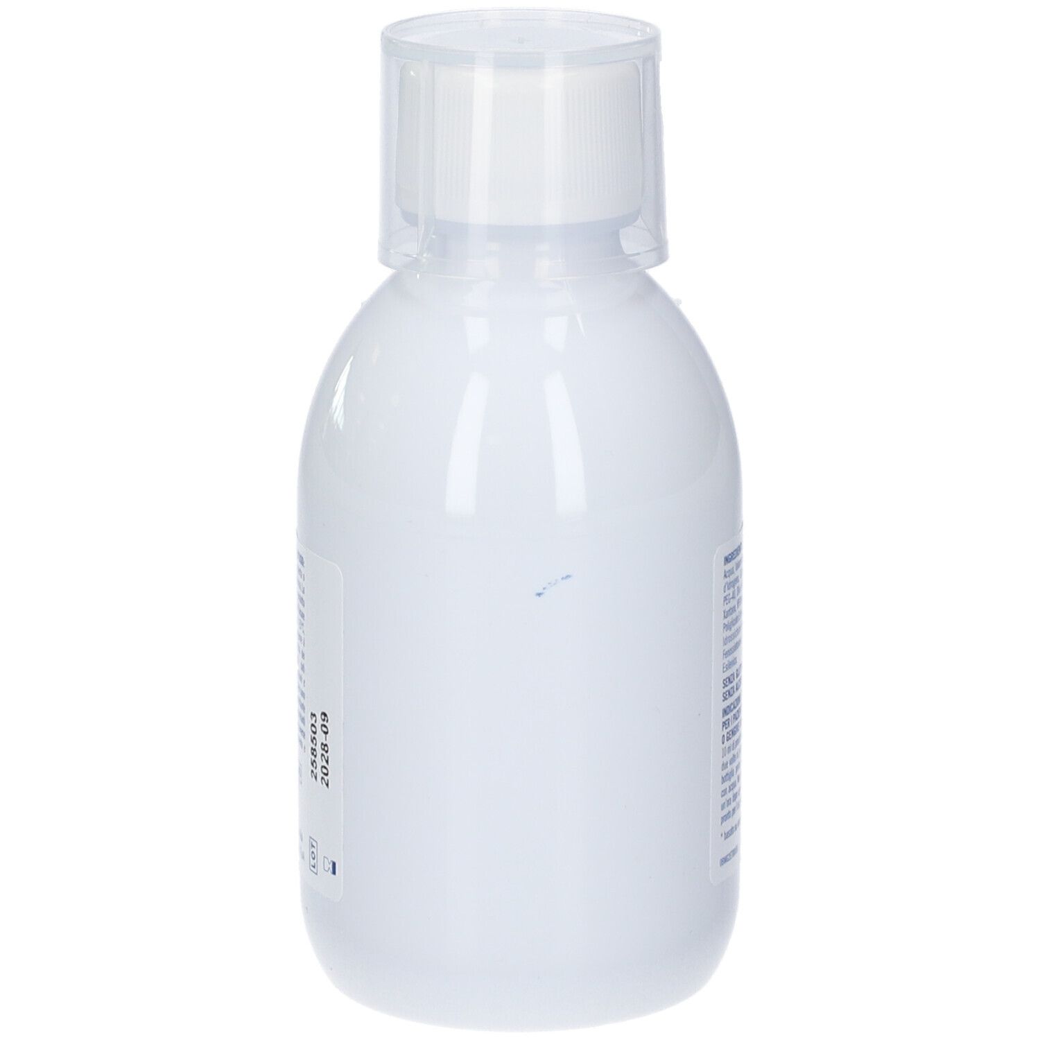 Flacone bianco con tappo trasparente. Retro con testo. Nessuna caratteristica visibile del prodotto.