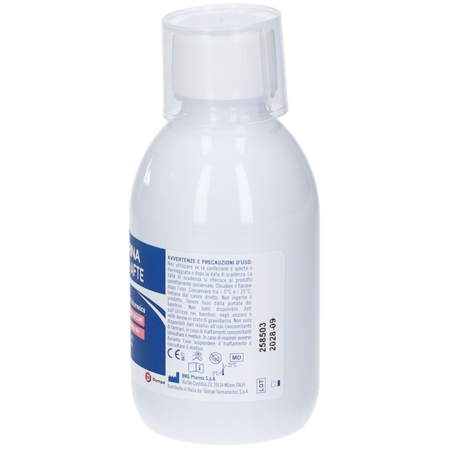 Flacone bianco con tappo trasparente. Retro con testo e simboli. Nessuna caratteristica visibile del prodotto.