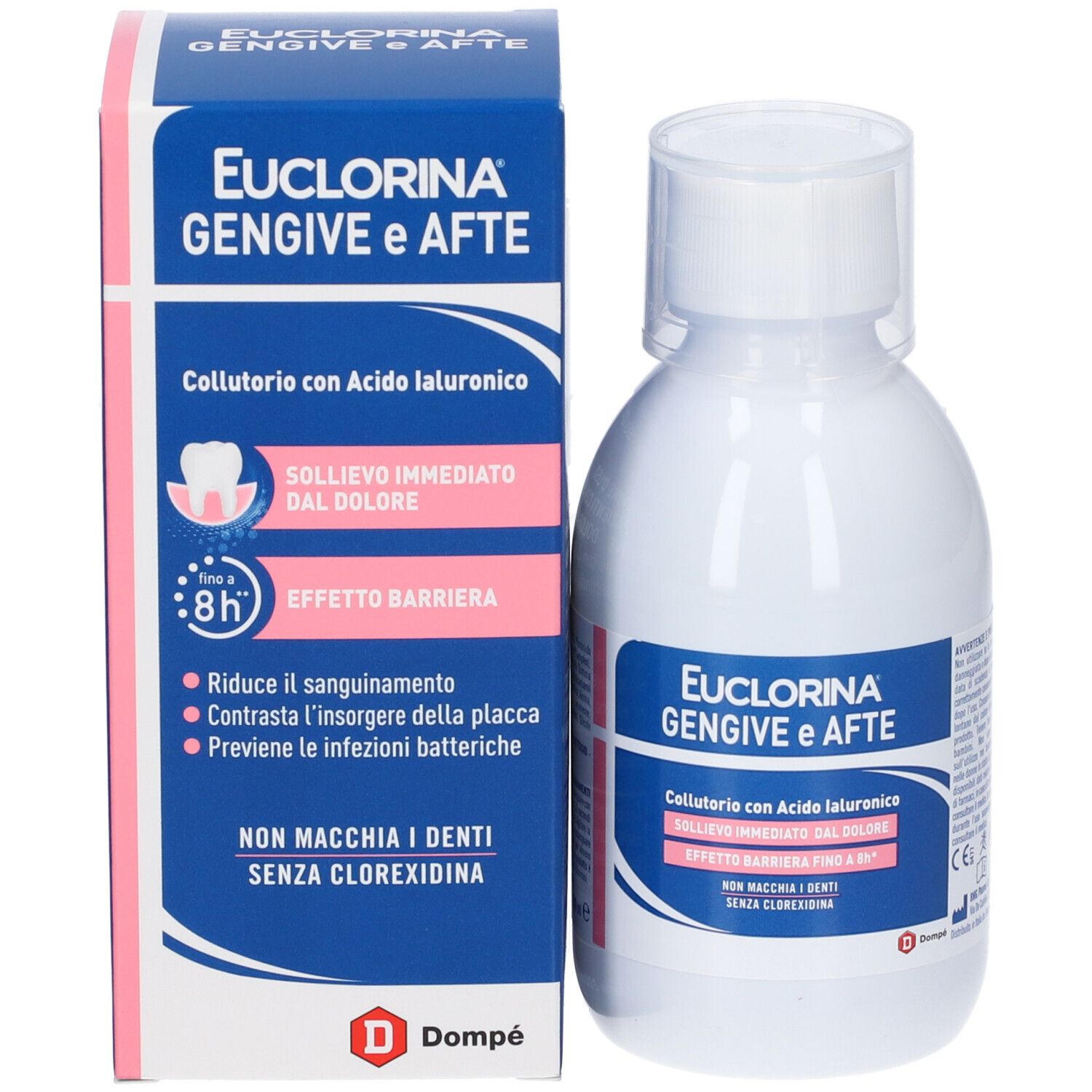 Flacone e scatola del prodotto. Scatola con testo: Euclorina Gengive e Afte. Collutorio. Flacone con etichetta.