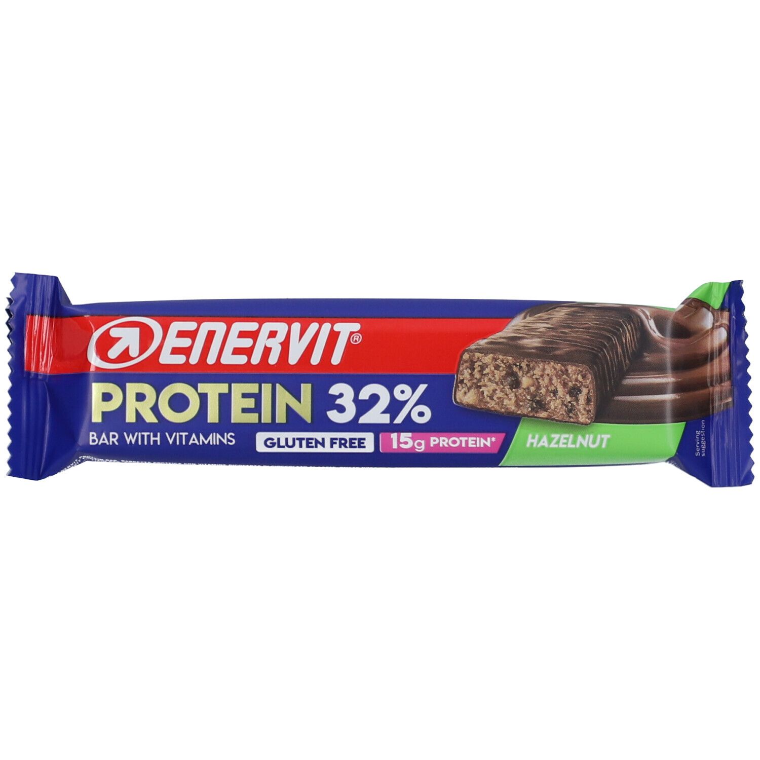 Barretta proteica con vitamine. Confezione blu con scritte rosse e verdi. Scritta: Enervit Protein 32%, senza glutine, 15g proteine, nocciola.