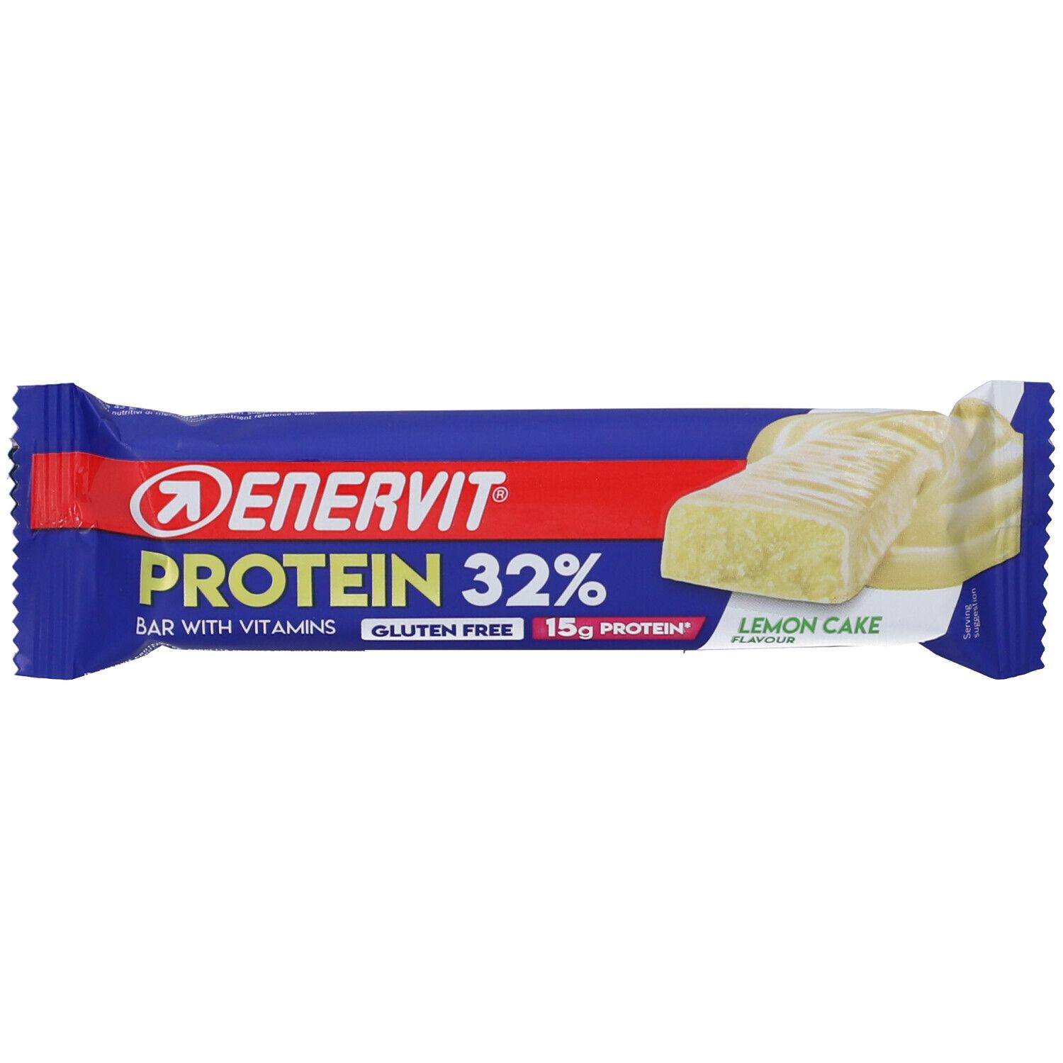 Barretta proteica in confezione blu. Scritta: Enervit Protein 32%, senza glutine, 15g proteine, Lemon Cake. Sezione della barretta.