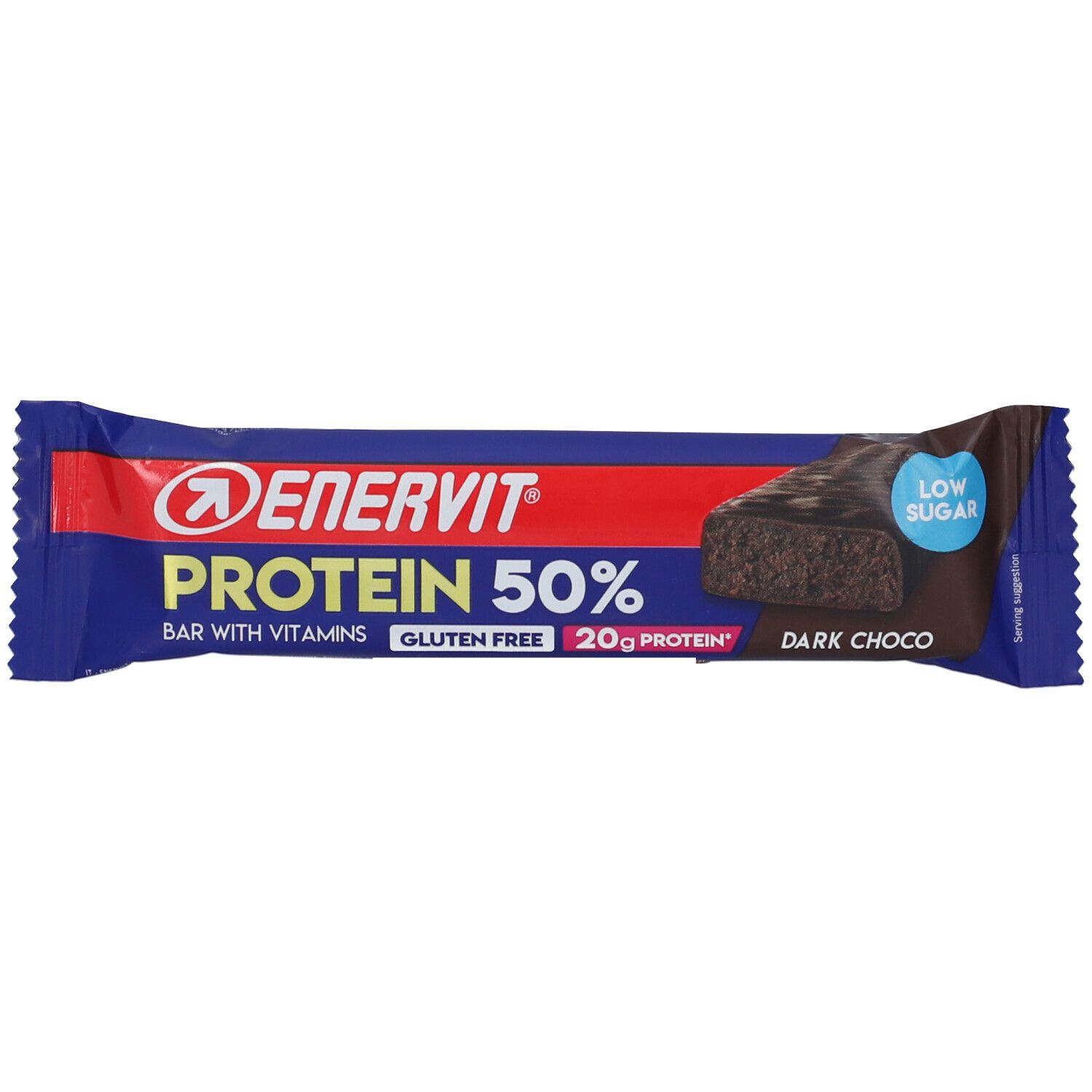 Barretta proteica Enervit 50% in confezione blu scuro. Visibile: logo, nome prodotto, "Gluten Free", "20g Protein", "Dark Choco".