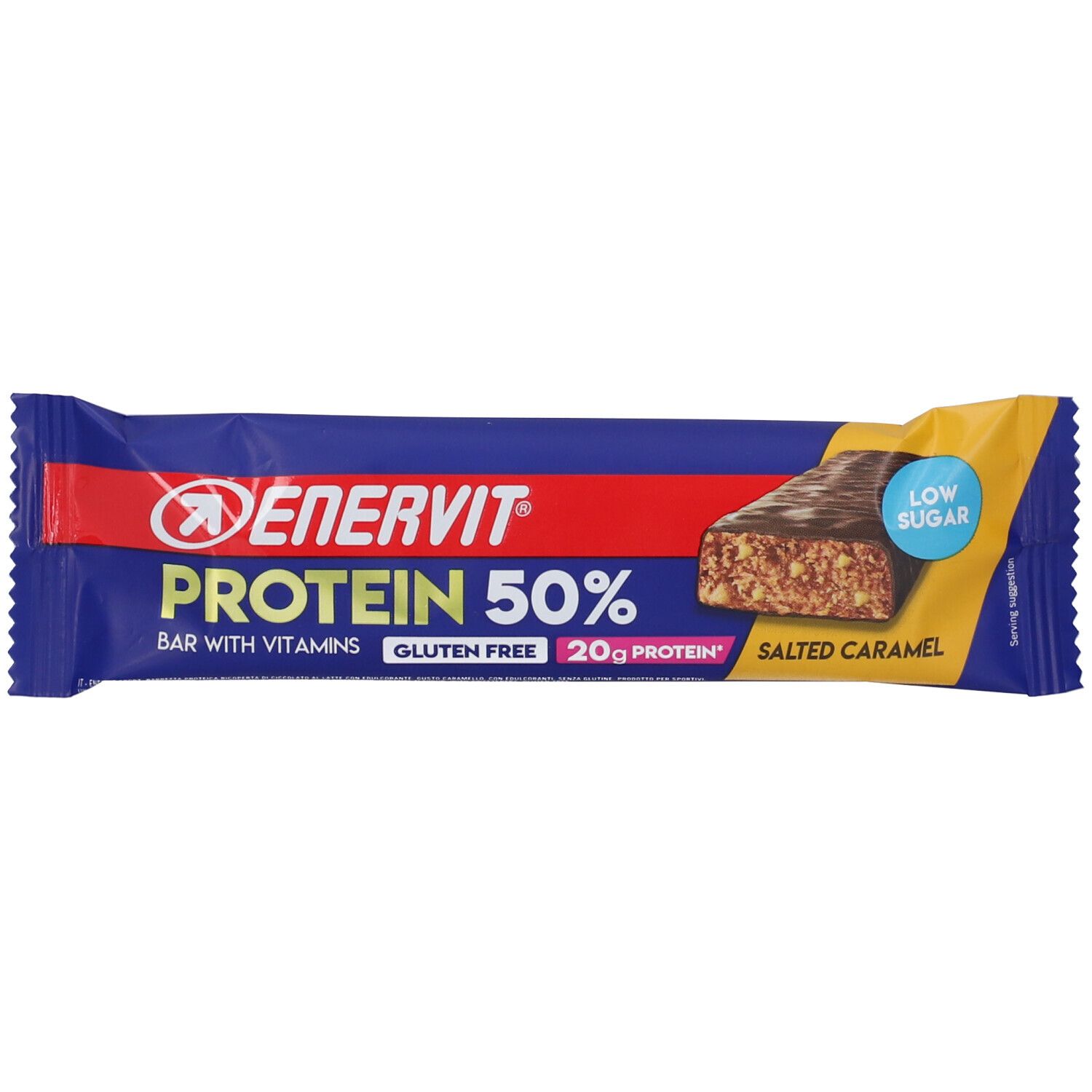 Barretta proteica in confezione blu. Scritta: Enervit Protein 50%, senza glutine, 20g proteine, caramello salato. Con logo e Low Sugar.