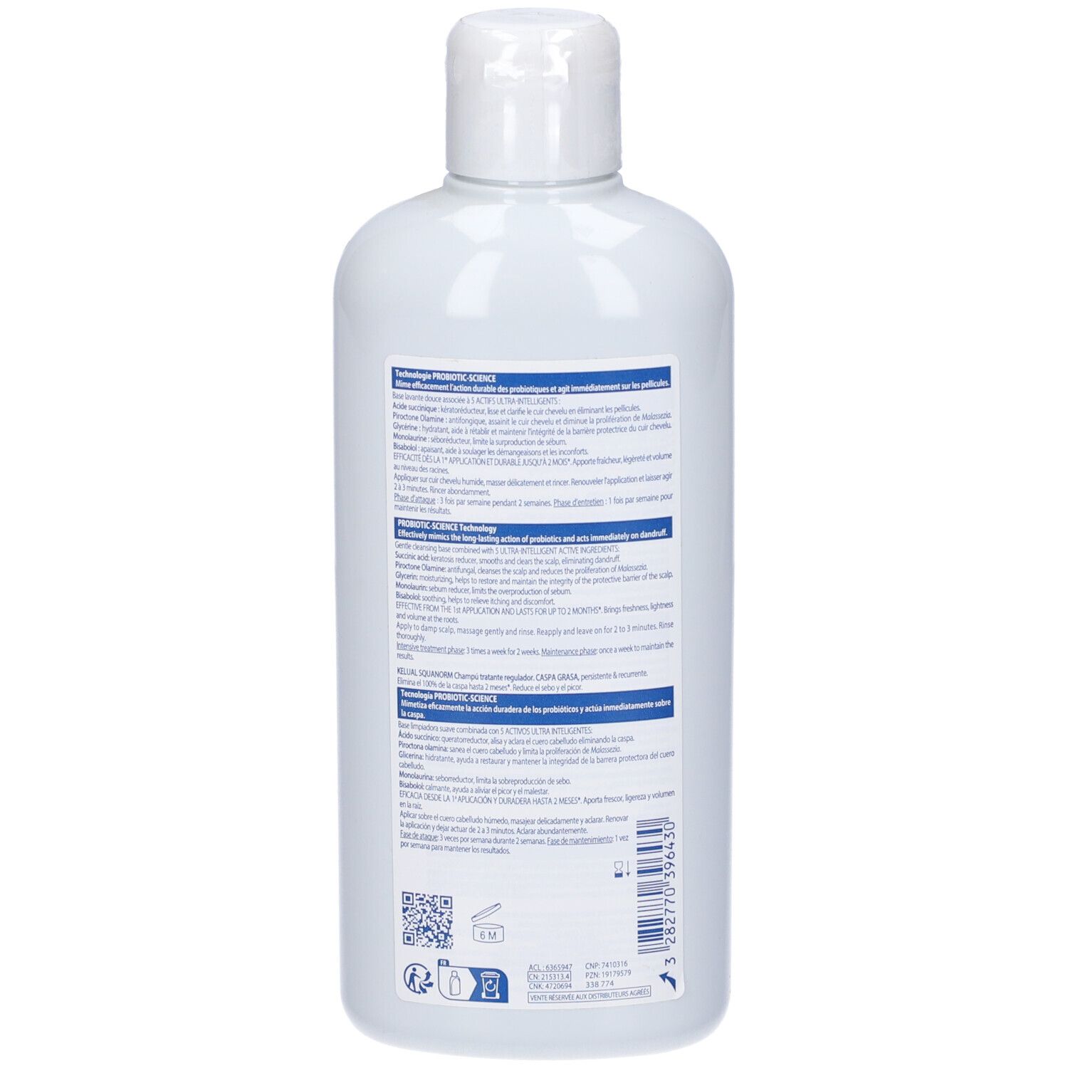 Retro del flacone bianco di shampoo Kelual Squanorm. Testo multilingue. Codice a barre e codice QR.