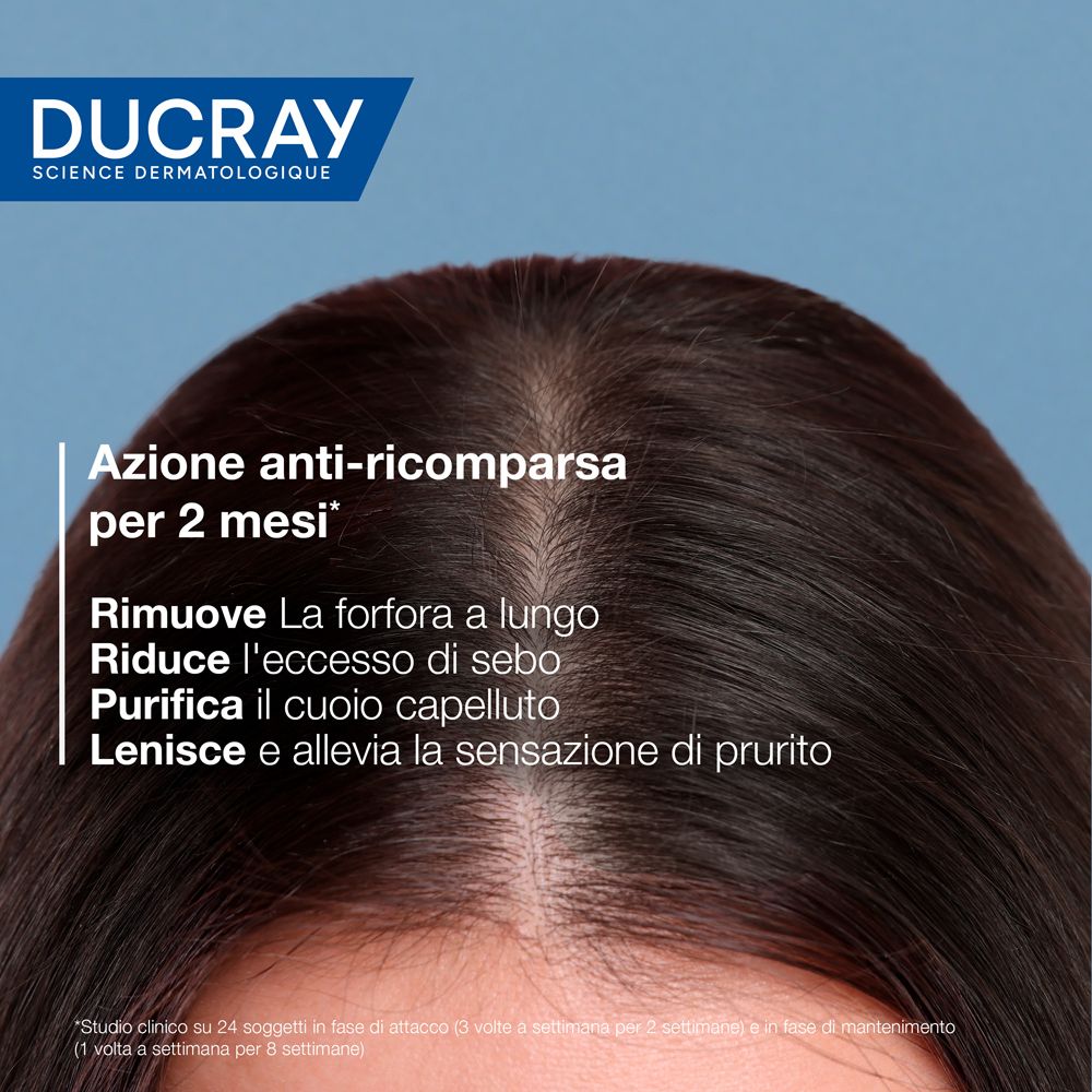 Primo piano di un cuoio capelluto. Testo: Azione anti-ricomparsa per 2 mesi. Rimuove la forfora, riduce il sebo, purifica il cuoio capelluto. Marchio: DUCRAY.