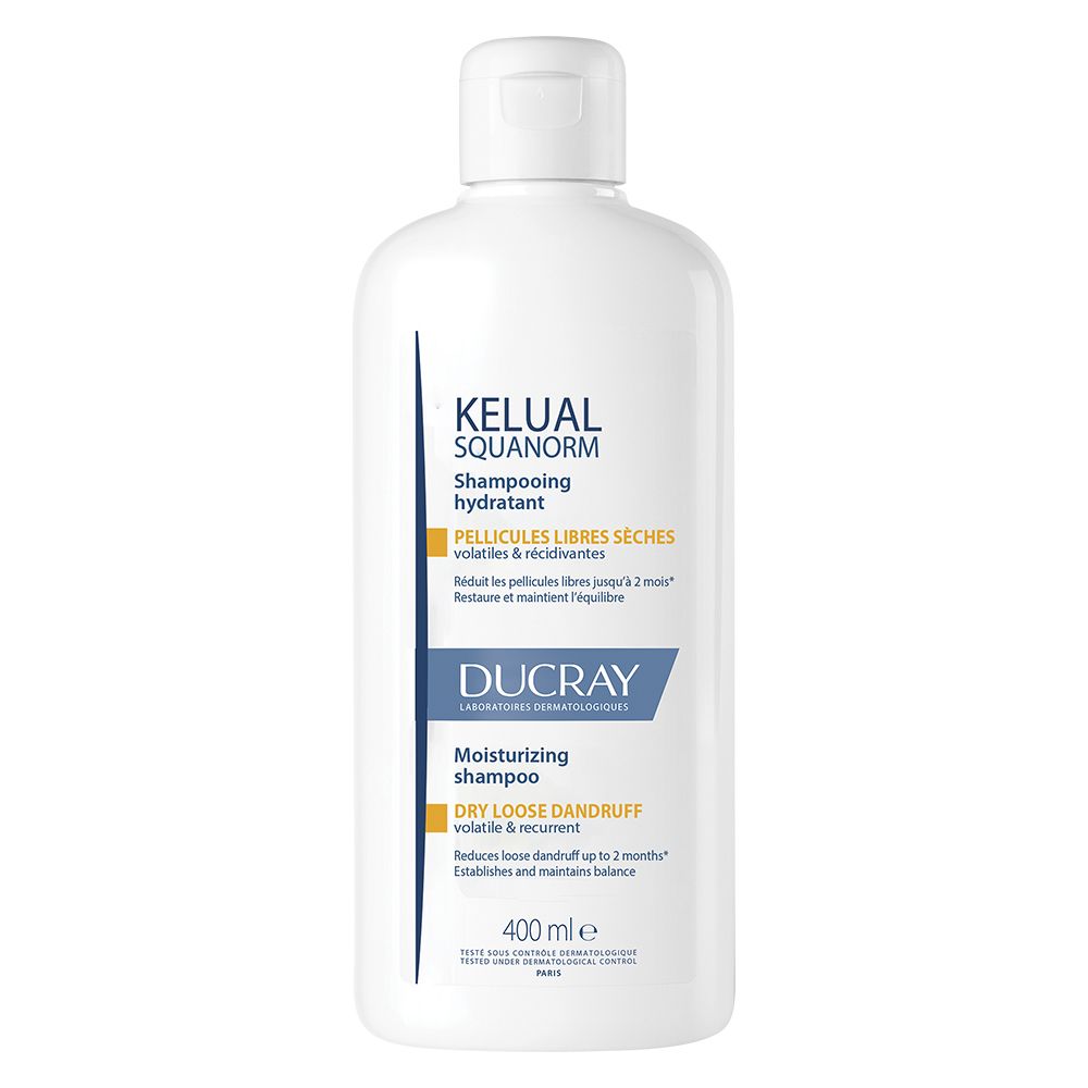 Ducray Kelual Squanorm Shampoo Antiforfora Trattante Idratante Forfora Secca 400ml, Elimina 100% della forfora, Azione anti-ricomparsa, Cuoio capelluto secco