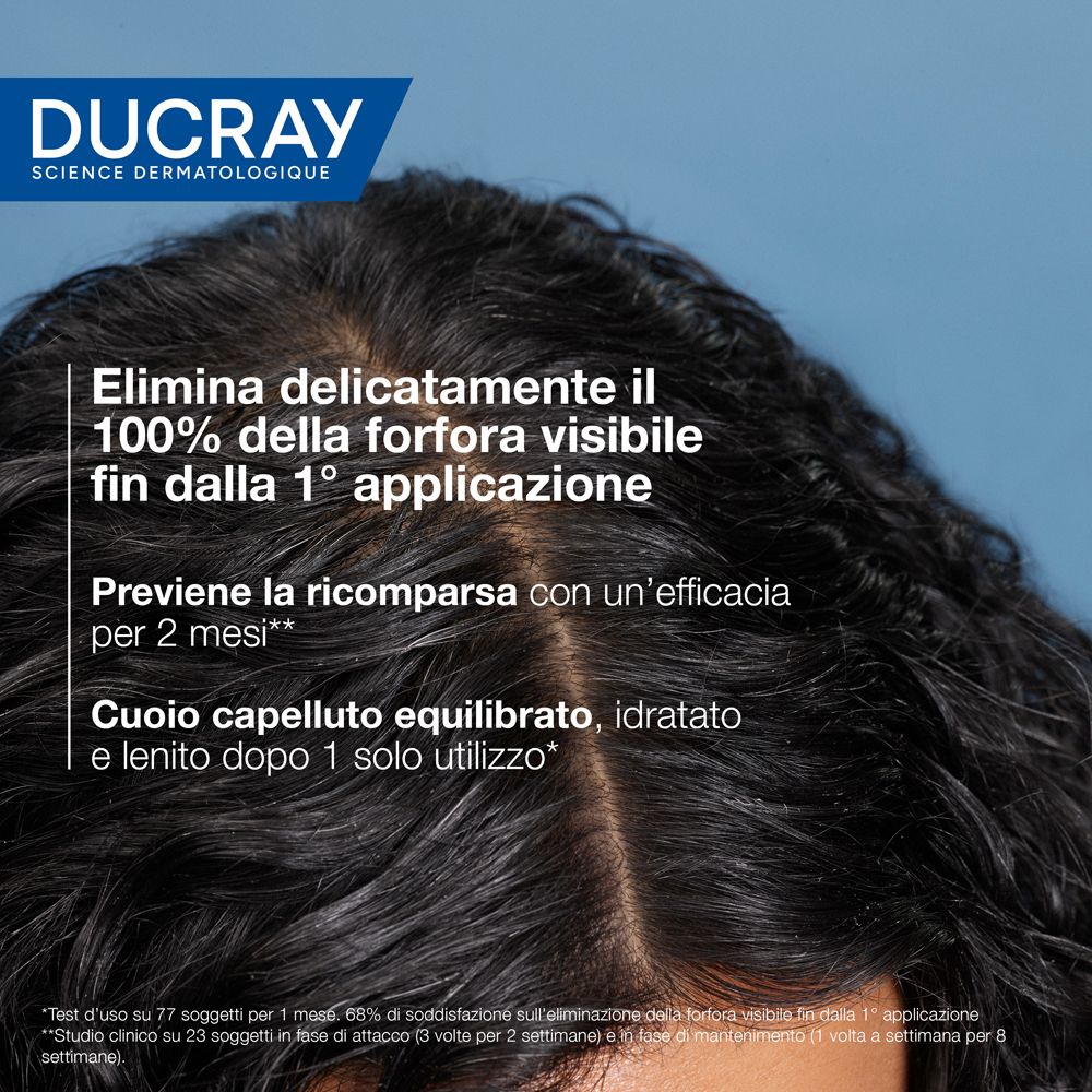 Primo piano del cuoio capelluto e dei capelli. Testo: Elimina delicatamente il 100% della forfora visibile fin dalla 1° applicazione.