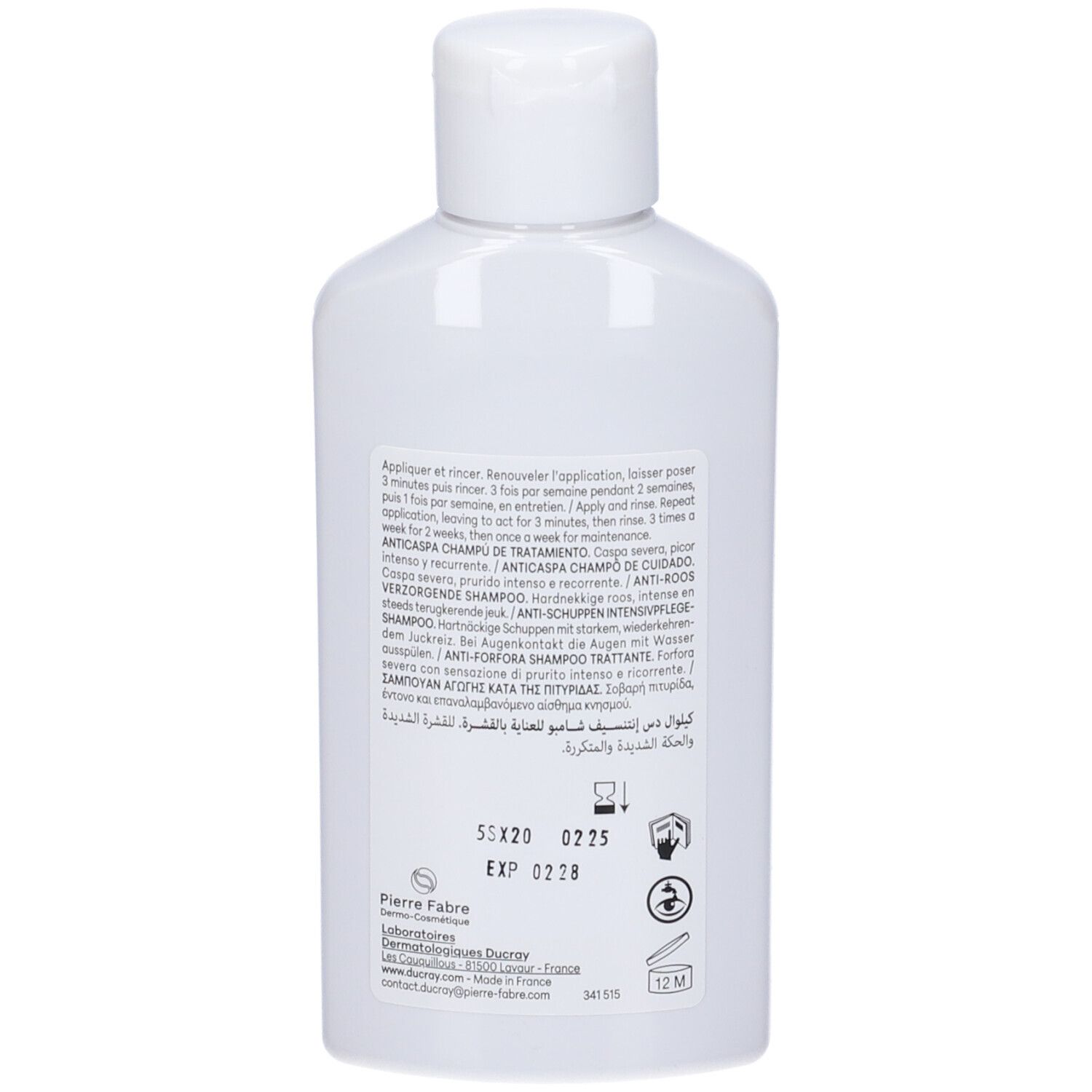 Retro di un flacone bianco. Testo in più lingue. Informazioni del produttore e data di scadenza.