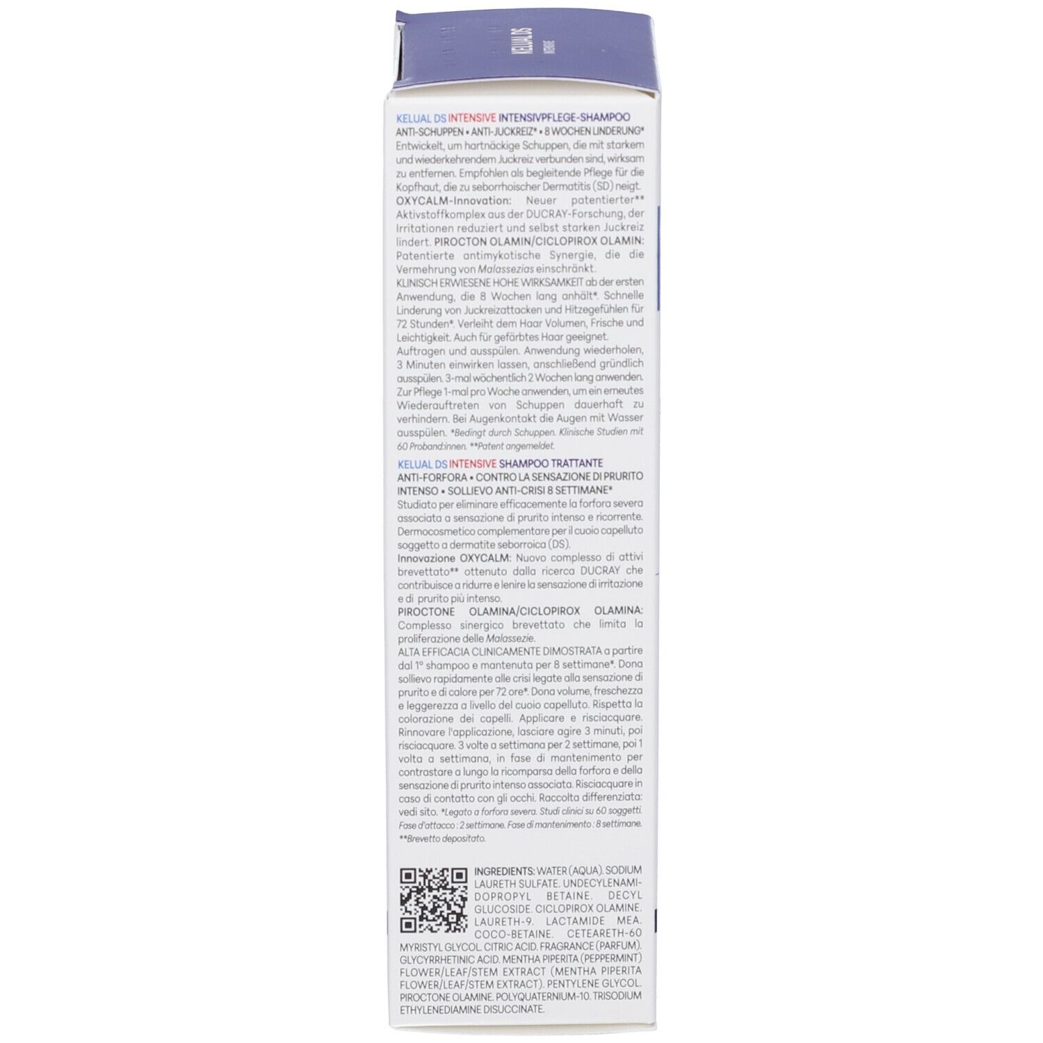 Scatola con testo multilingue. Marca: Ducray. Nome prodotto: Kelual DS Intensive. Dettaglio informazioni prodotto.