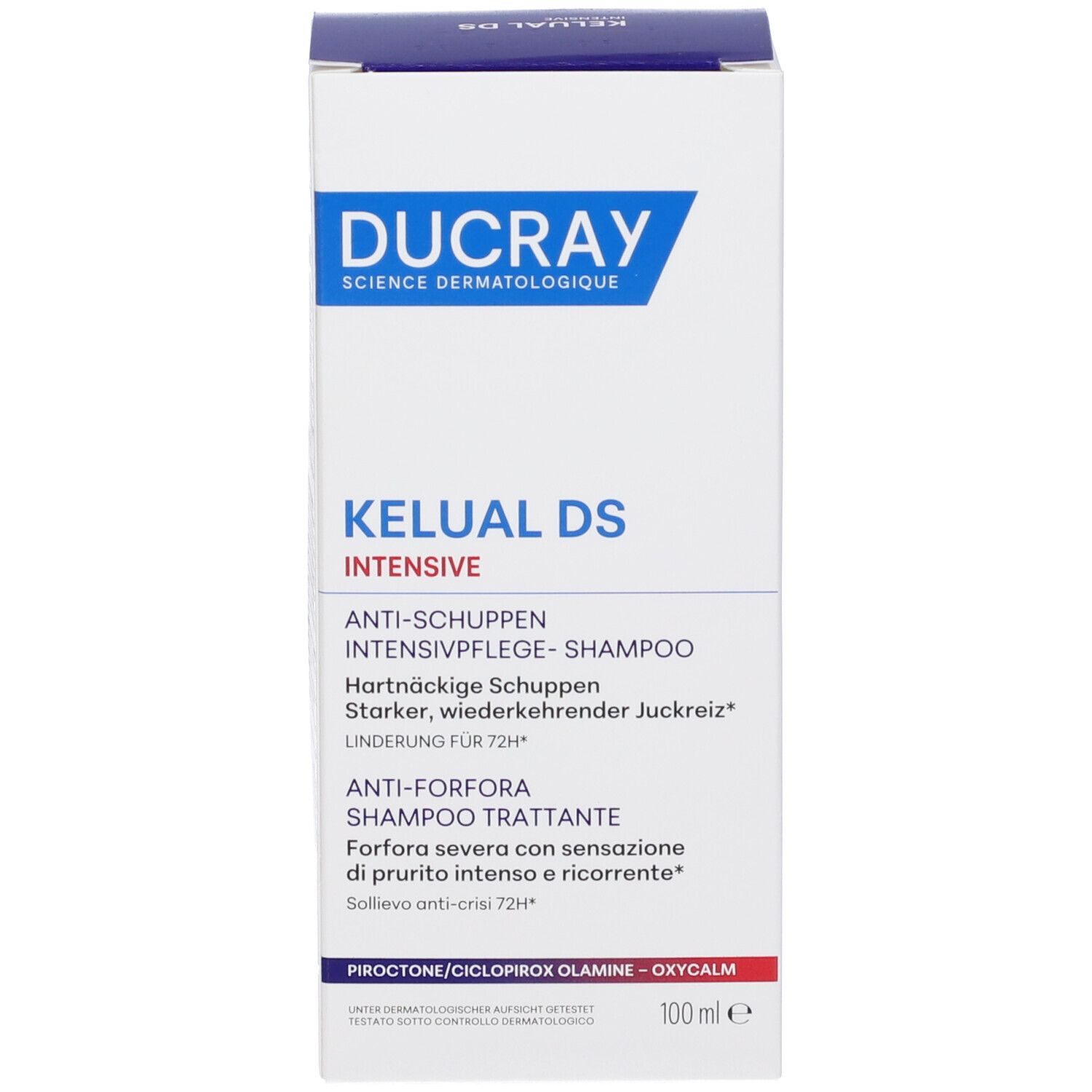Confezione prodotto. Testo multilingue. Marca: Ducray. Nome prodotto: Kelual DS Intensive. Shampoo antiforfora.