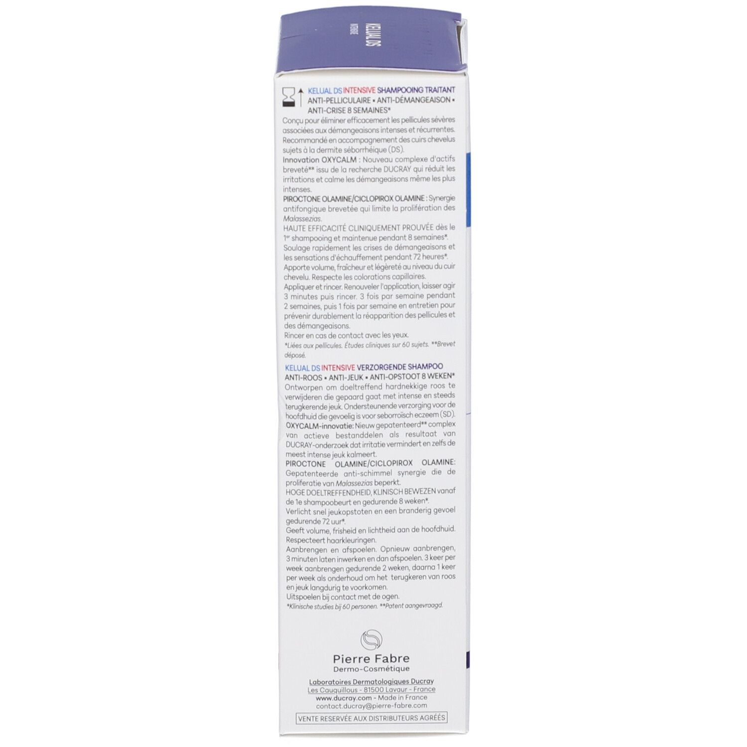 Retro della confezione. Testo multilingue. Marca: Ducray. Nome prodotto: Kelual DS Intensive. Vista dettagliata.