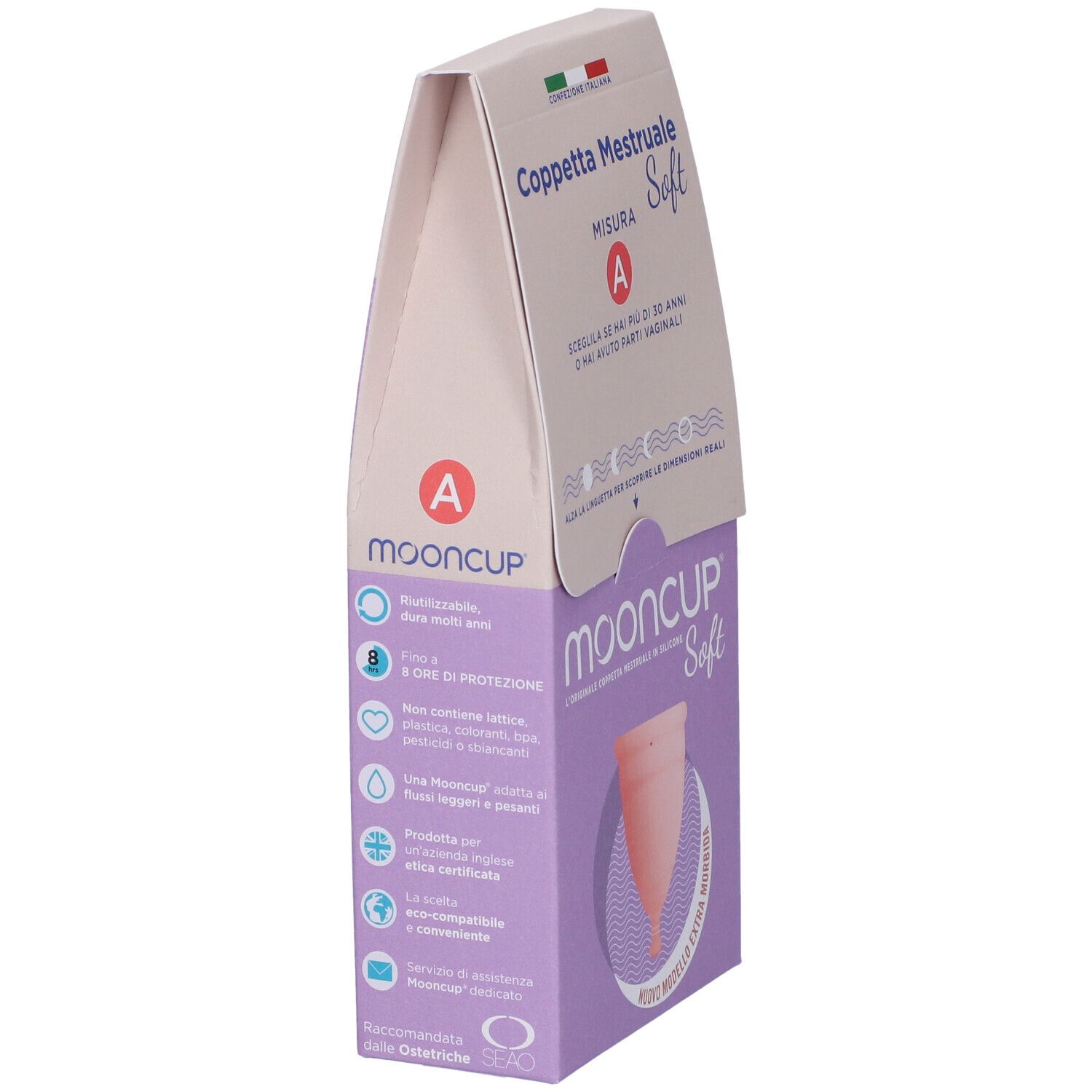 Confezione Mooncup Coppetta Mestruale Soft Rosa Taglia A. Vista laterale con informazioni e logo.
