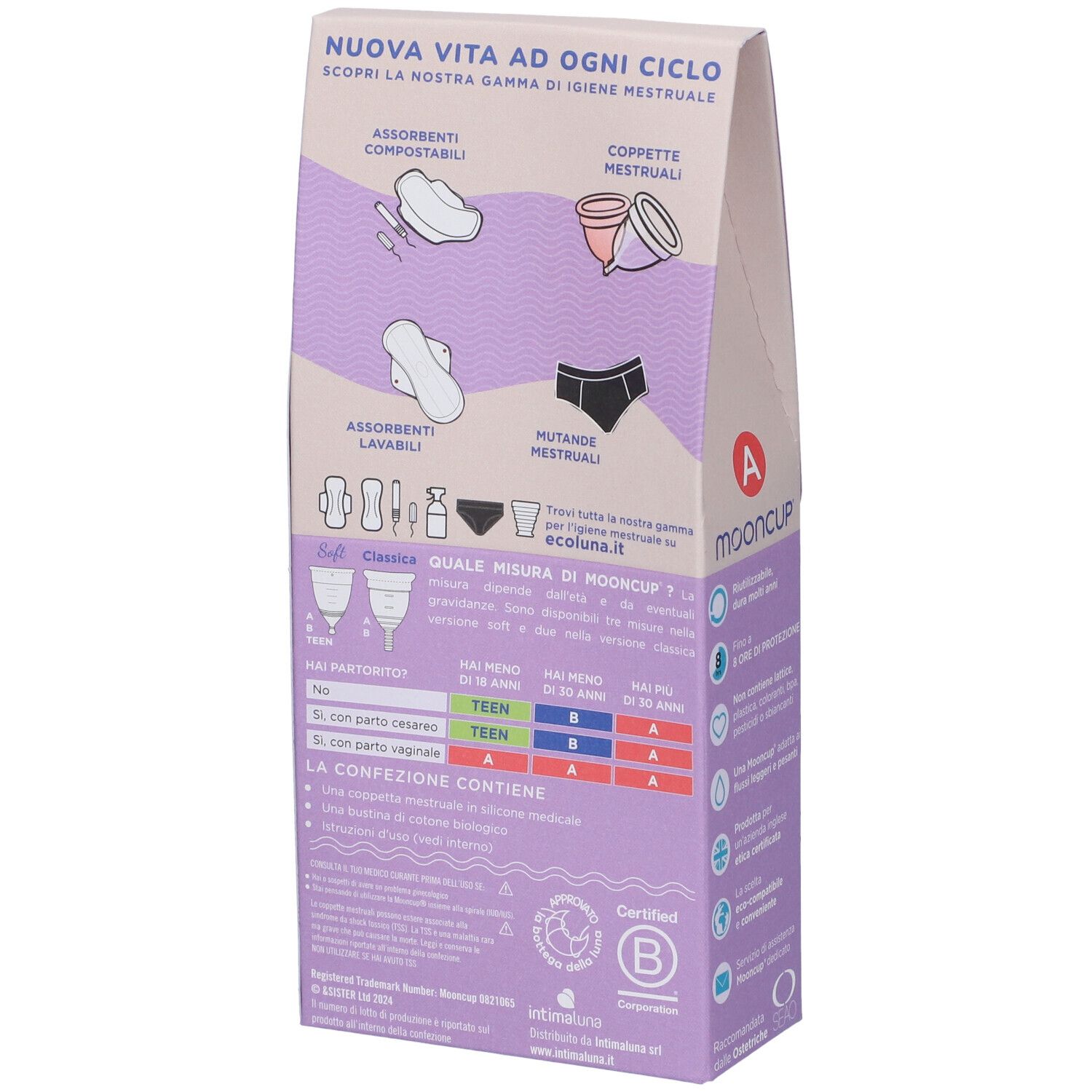 Retro confezione Mooncup Coppetta Mestruale Soft Rosa Taglia A. Diagrammi e informazioni prodotto.