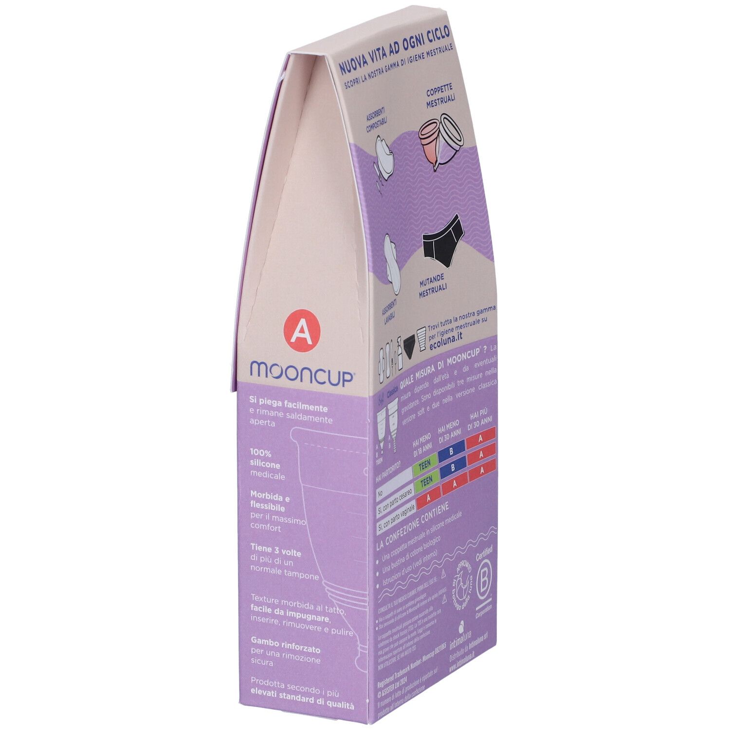 Confezione Mooncup Coppetta Mestruale Soft Rosa Taglia A. Vista laterale con informazioni e logo.