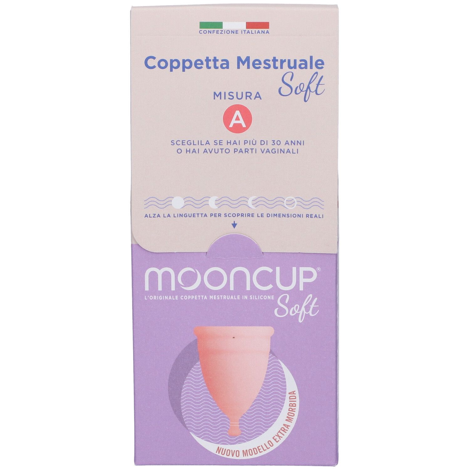 Confezione Mooncup Coppetta Mestruale Soft Rosa Taglia A. Vista frontale con prodotto e logo.