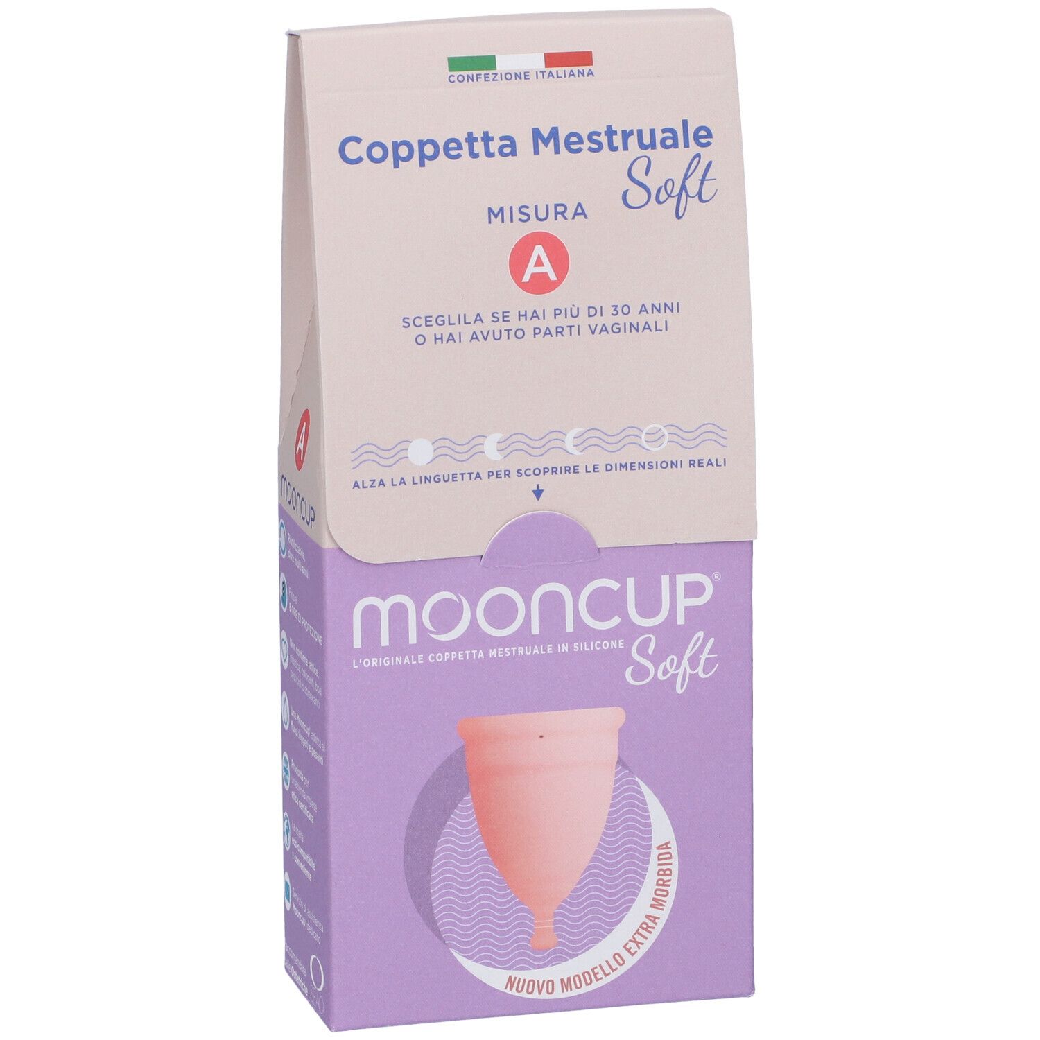 Confezione Mooncup Coppetta Mestruale Soft Rosa Taglia A. Vista frontale con prodotto e logo.