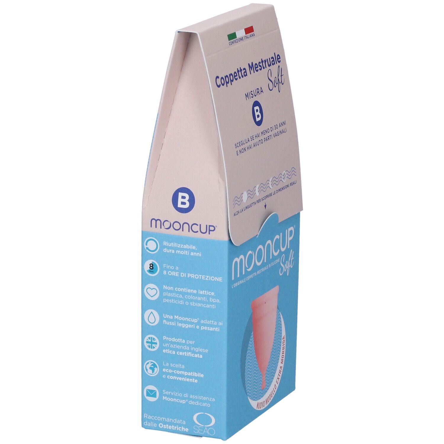 Confezione Mooncup Coppetta Mestruale Soft Rosa Taglia B. Informazioni sul prodotto e logo sulla confezione.