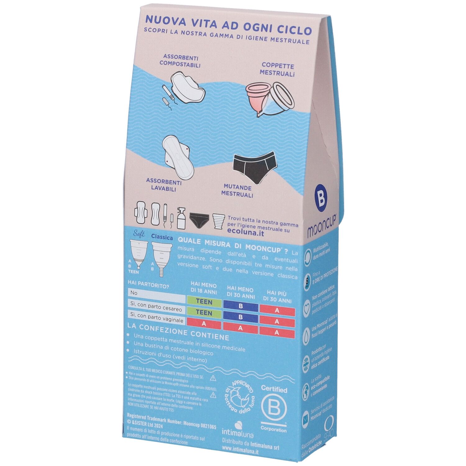 Retro della confezione Mooncup Coppetta Mestruale Soft Rosa Taglia B. Informazioni e tabella taglie.