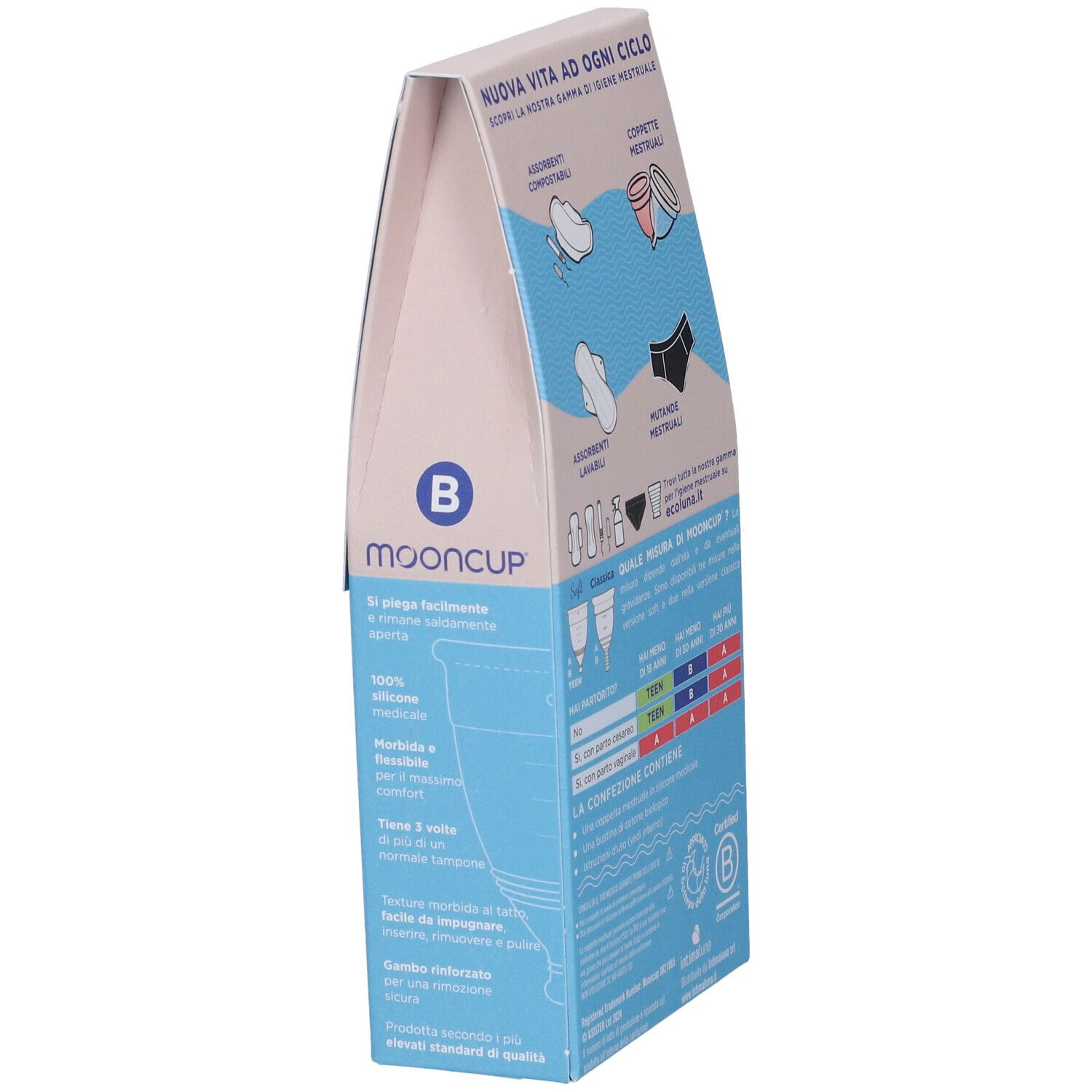 Retro della confezione Mooncup Coppetta Mestruale Soft Rosa Taglia B. Informazioni e illustrazioni.