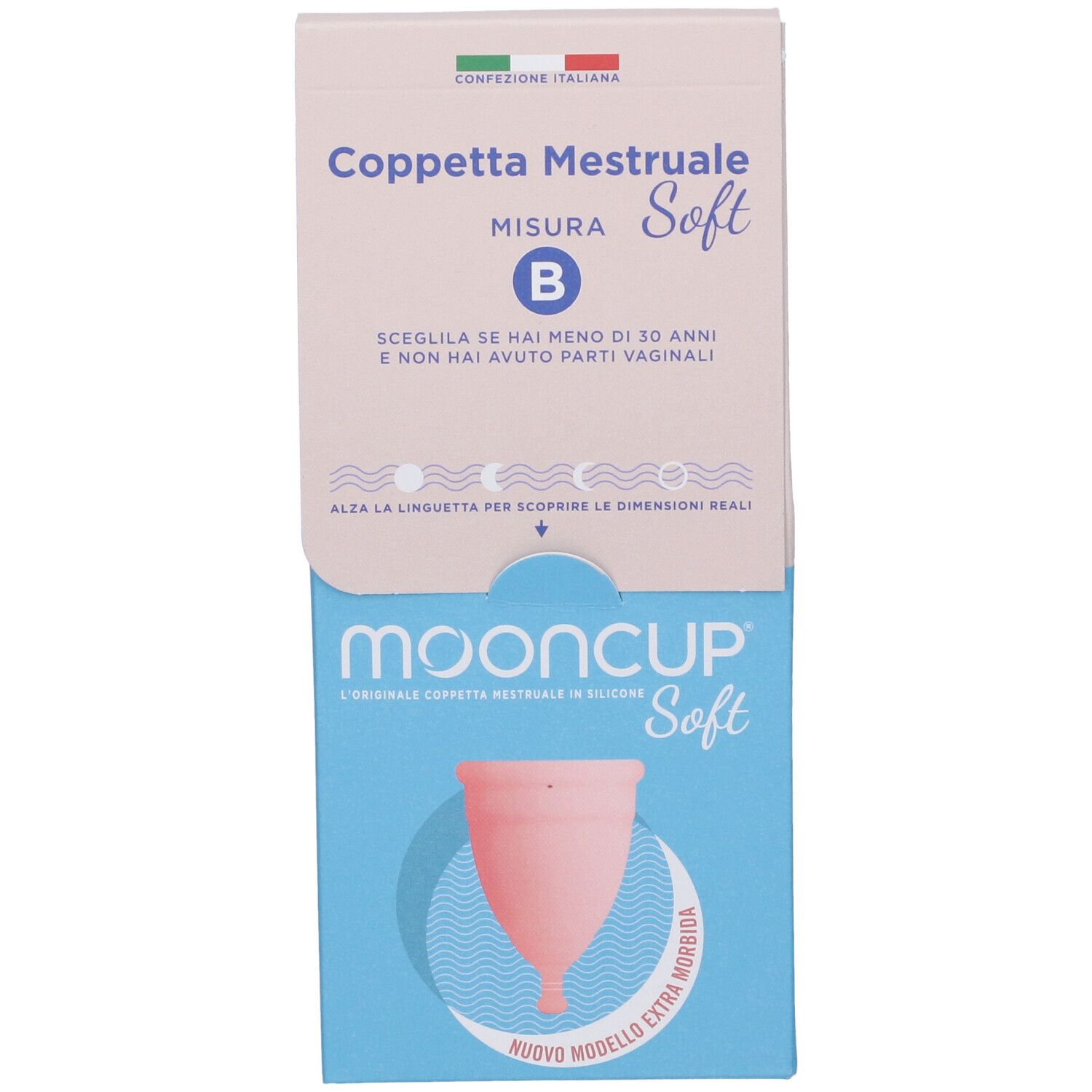 Confezione Mooncup Coppetta Mestruale Soft Rosa Taglia B. Coppetta mestruale rosa visibile nella confezione.