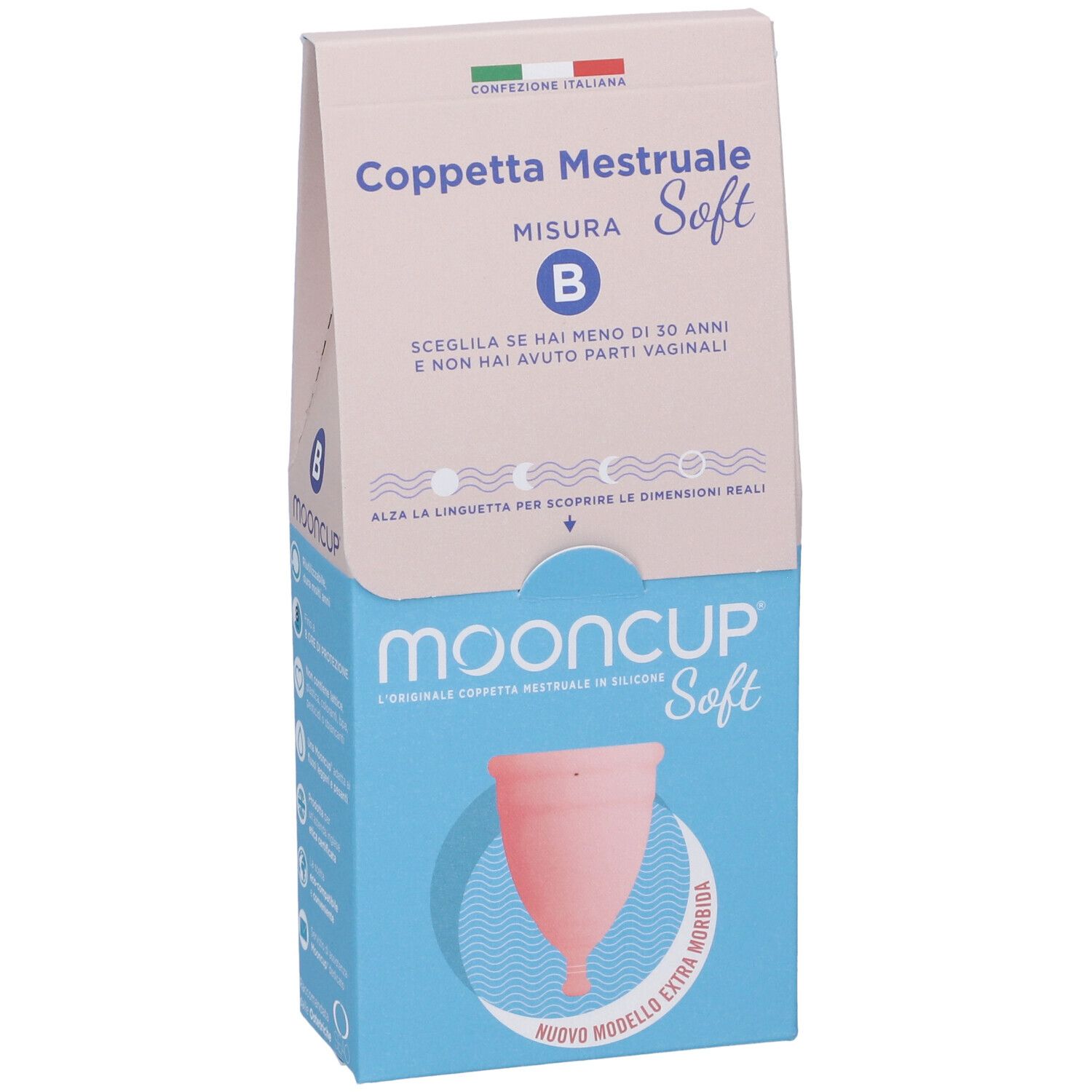 Confezione Mooncup Coppetta Mestruale Soft Rosa Taglia B. Coppetta mestruale rosa visibile nella confezione.