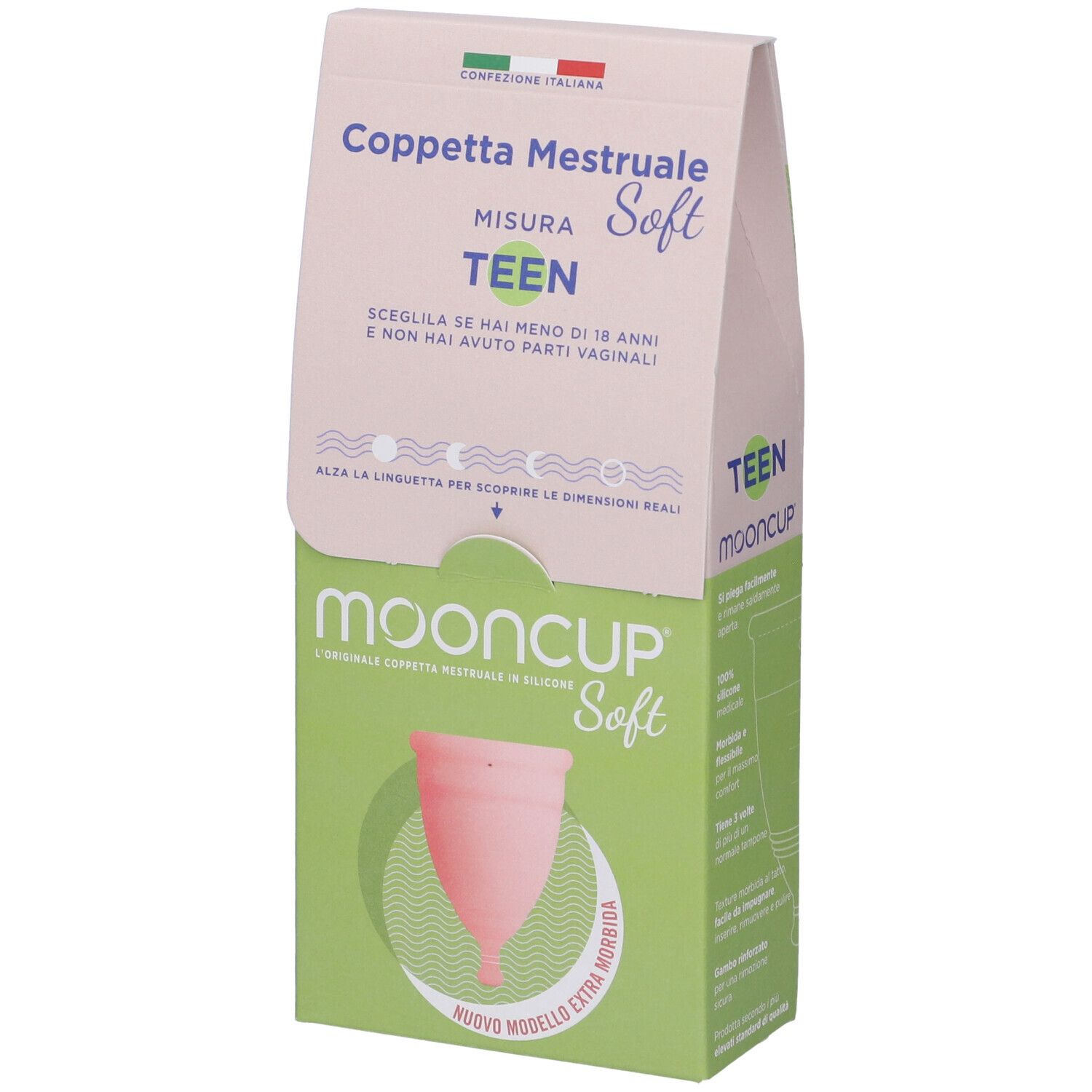 Confezione Mooncup Coppetta Mestruale Soft Rosa Misura Teen. Coppa mestruale rosa in cerchio verde. Testo: Teen, Soft, Mooncup.