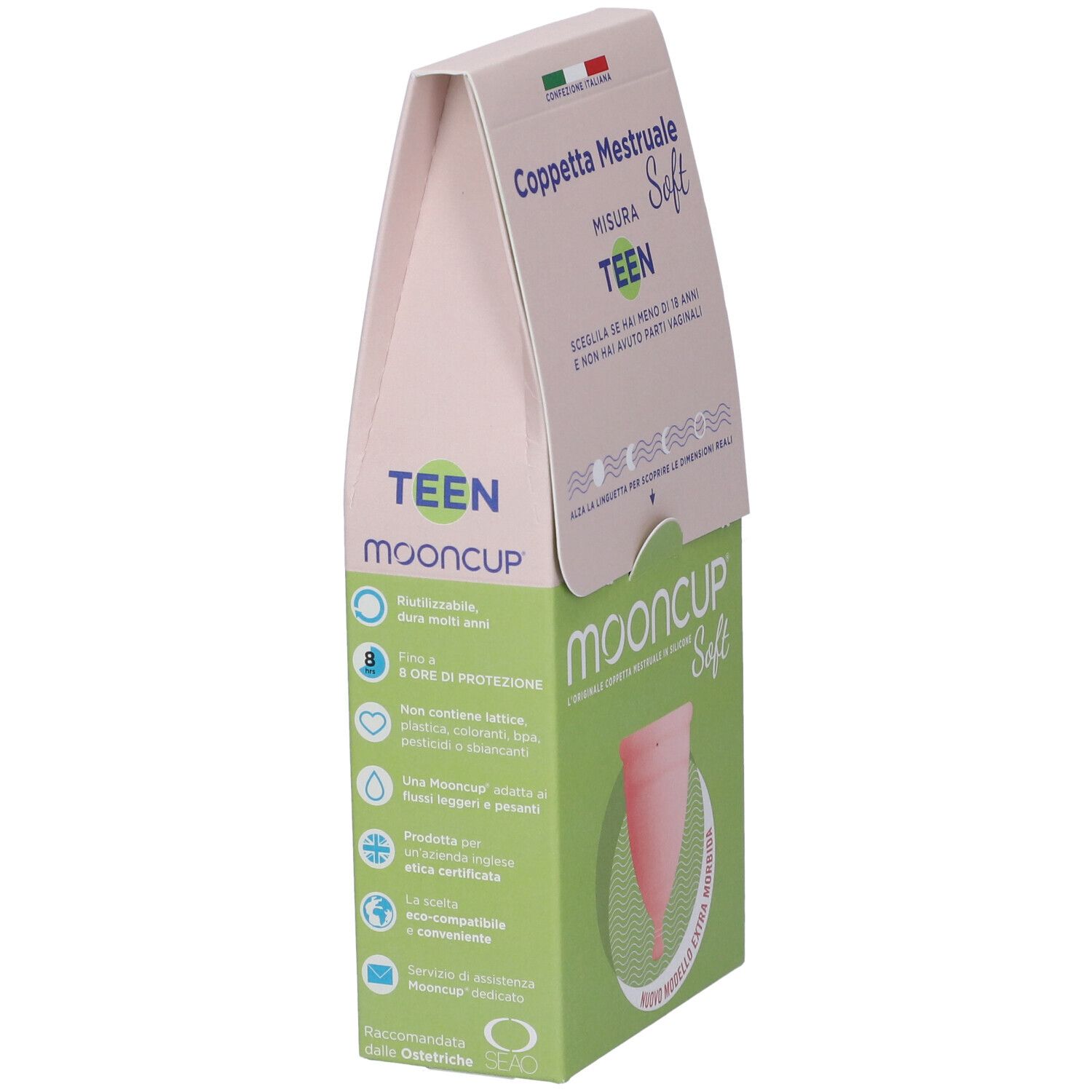 Confezione Mooncup Coppetta Mestruale Soft Rosa Misura Teen. Coppa mestruale rosa in cerchio verde. Testo: Teen, Soft, Mooncup.