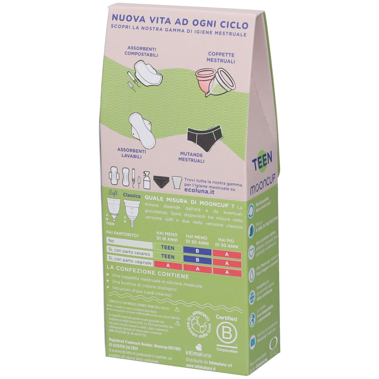 Retro confezione Mooncup Coppetta Mestruale Soft Rosa Misura Teen. Grafici e testi sull'igiene mestruale. Testo: Teen, Mooncup.