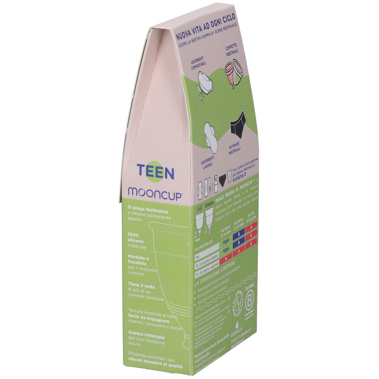 Lato confezione Mooncup Coppetta Mestruale Soft Rosa Misura Teen. Grafici e testi sull'igiene mestruale. Testo: Teen, Mooncup.