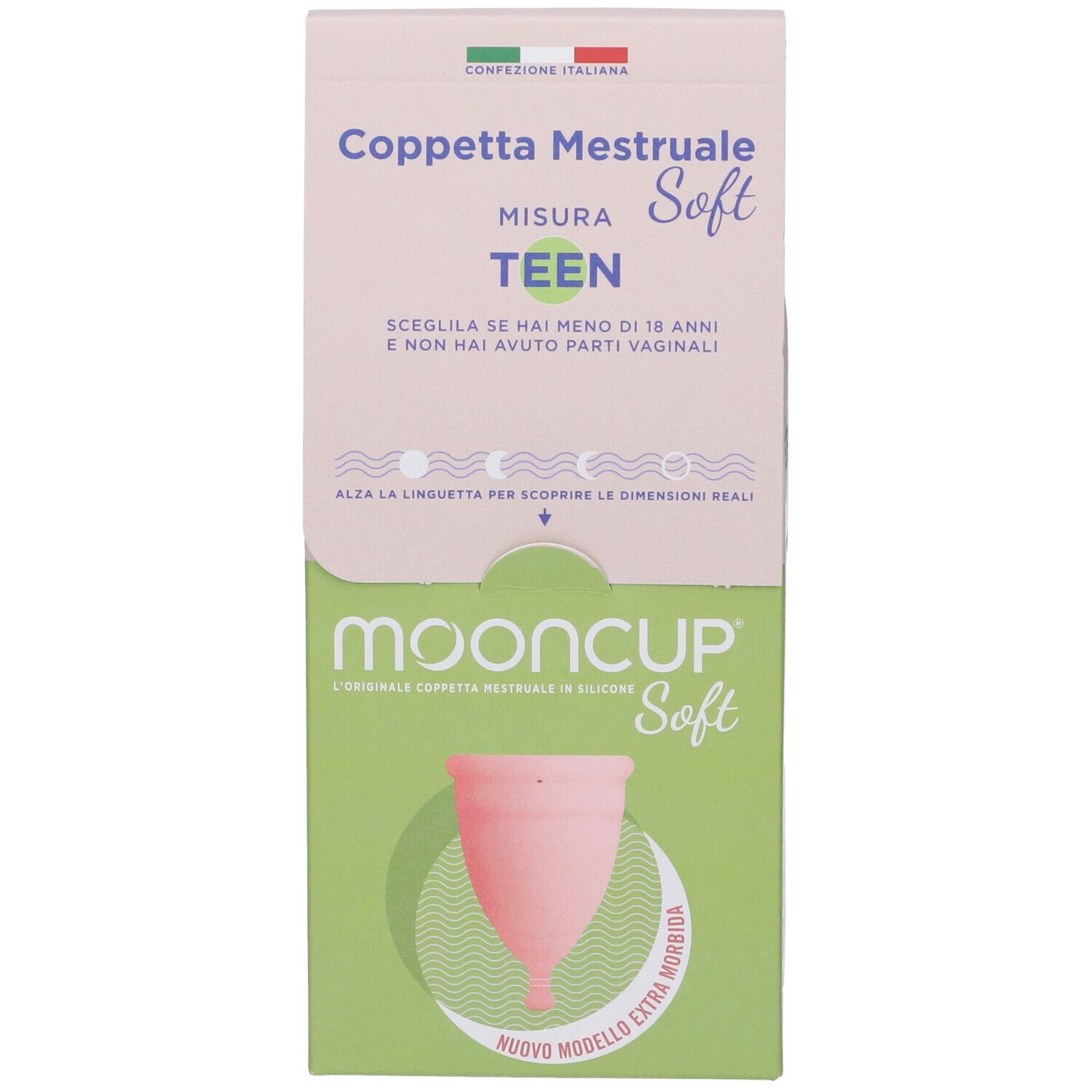 Confezione Mooncup Coppetta Mestruale Soft Rosa Misura Teen. Coppa mestruale rosa in cerchio verde. Testo: Teen, Soft, Mooncup.