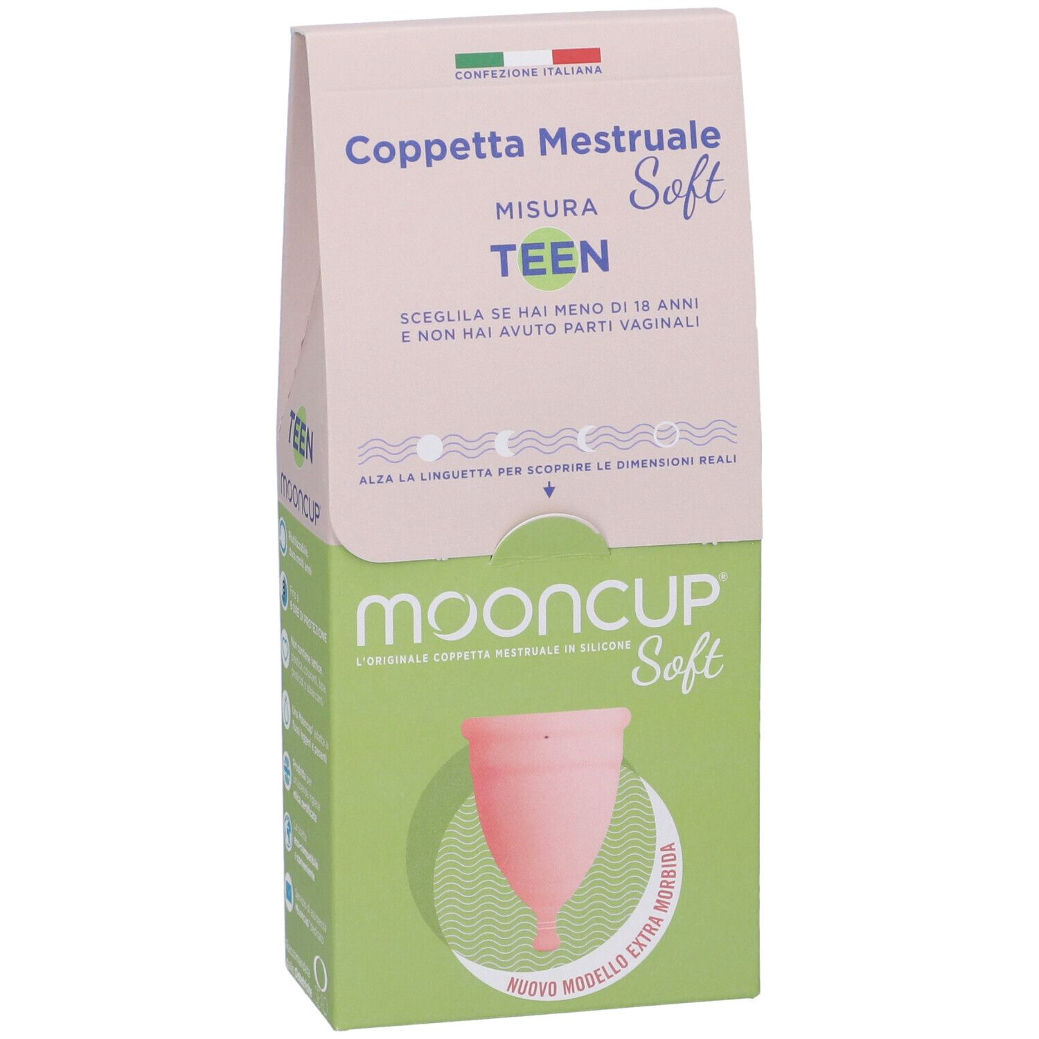 Confezione Mooncup Coppetta Mestruale Soft Rosa Misura Teen. Coppa mestruale rosa in cerchio verde. Testo: Teen, Soft, Mooncup.