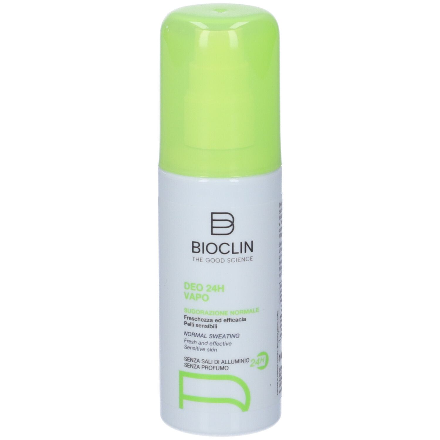 Spray deodorante con tappo verde. Scritta: BIOCLIN, DEO 24H VAPO, NORMAL SWEATING. Senza sali di alluminio, senza profumo.