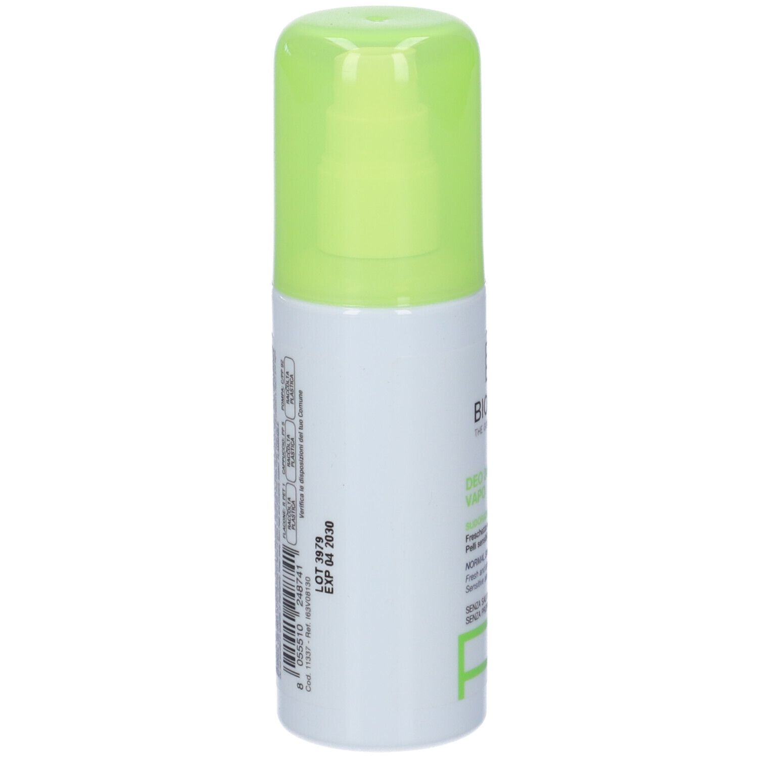 Retro dello spray deodorante con testo e codice a barre. Tappo verde. Scritta: BIOCLIN. Scadenza 04/2030.