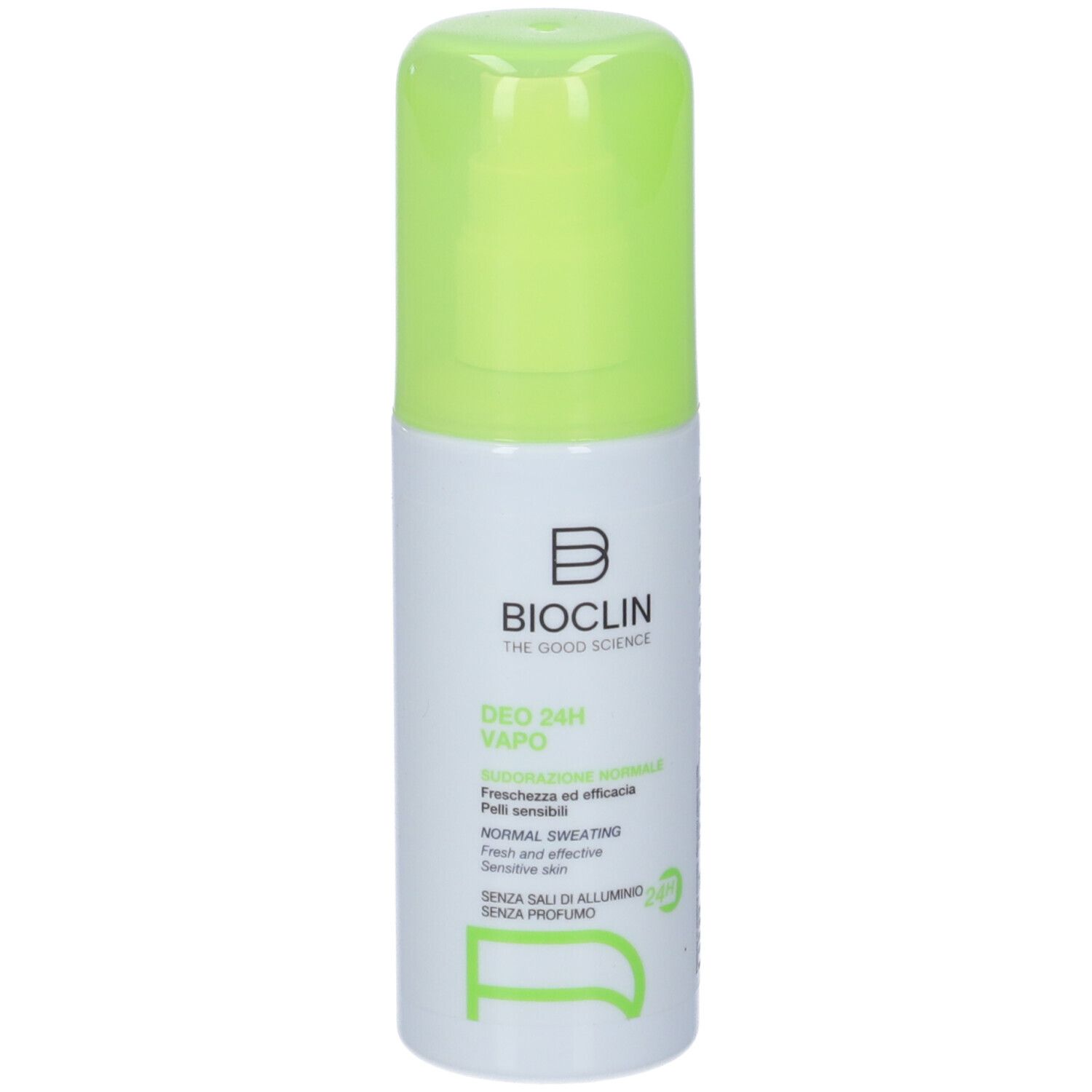 Spray deodorante con tappo verde. Scritta: BIOCLIN, DEO 24H VAPO, NORMAL SWEATING. Senza sali di alluminio, senza profumo.