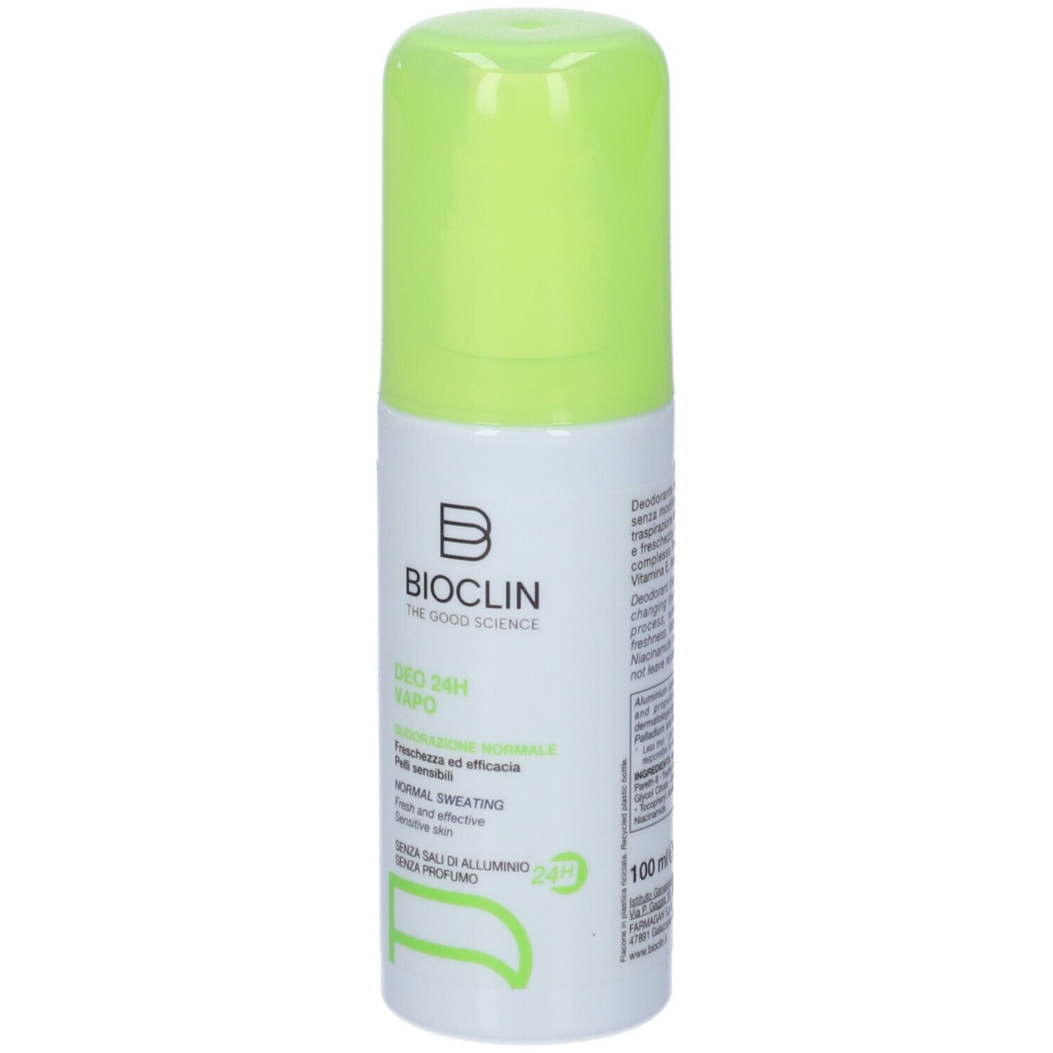 Spray deodorante con tappo verde. Scritta: BIOCLIN, DEO 24H VAPO, NORMAL SWEATING. Senza sali di alluminio, senza profumo. 100 ml.