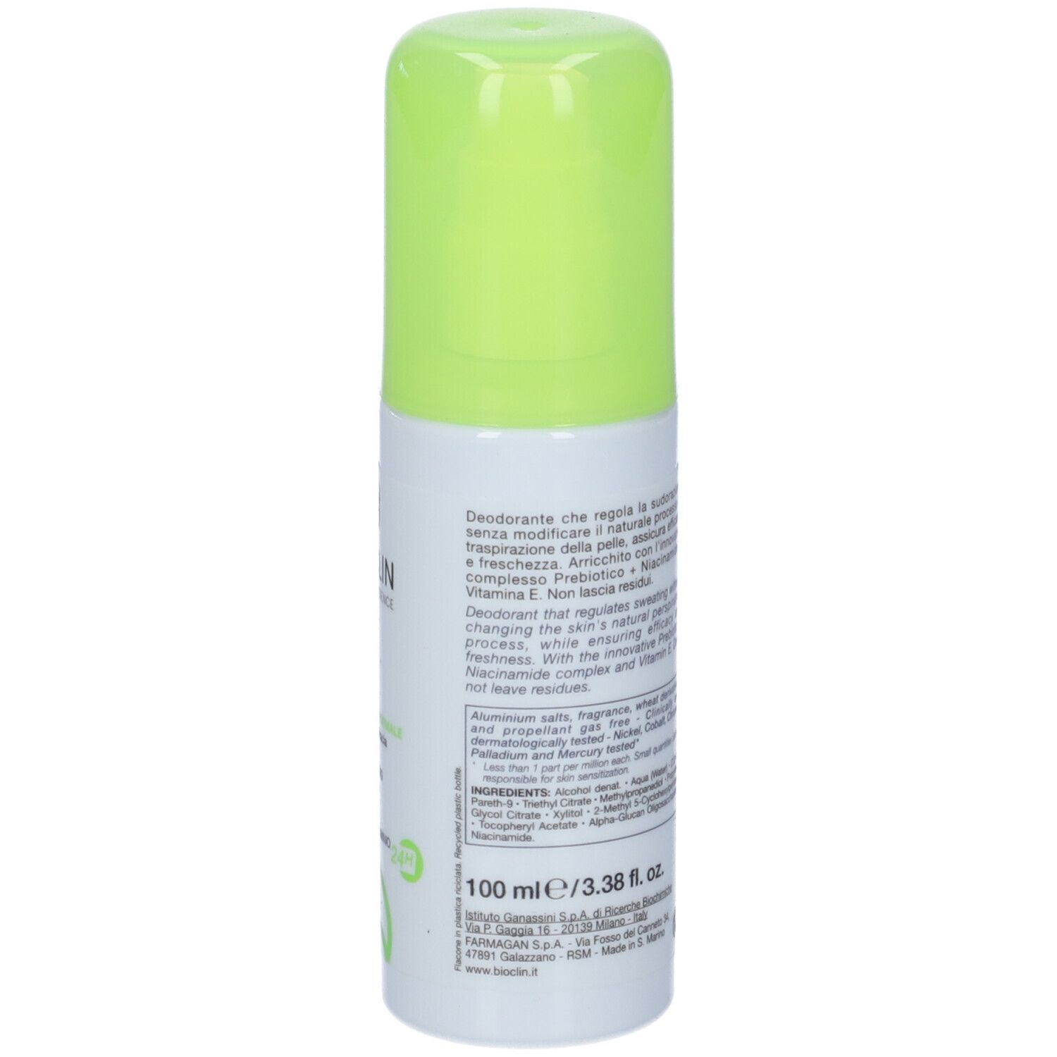 Retro dello spray deodorante con testo. Tappo verde. Scritta: BIOCLIN. 100 ml/3.38 fl. oz. Contiene niacinamide e vitamina E.
