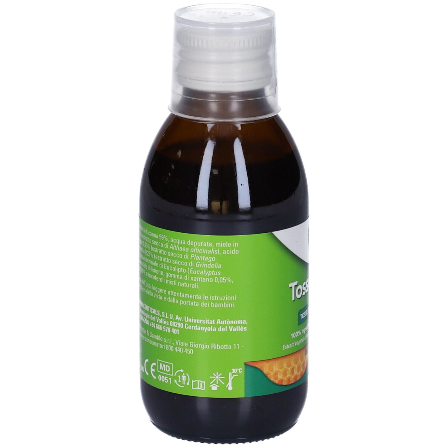 Retro di una bottiglia marrone con tappo bianco. Etichetta verde con testo e ingredienti. Marchio CE.