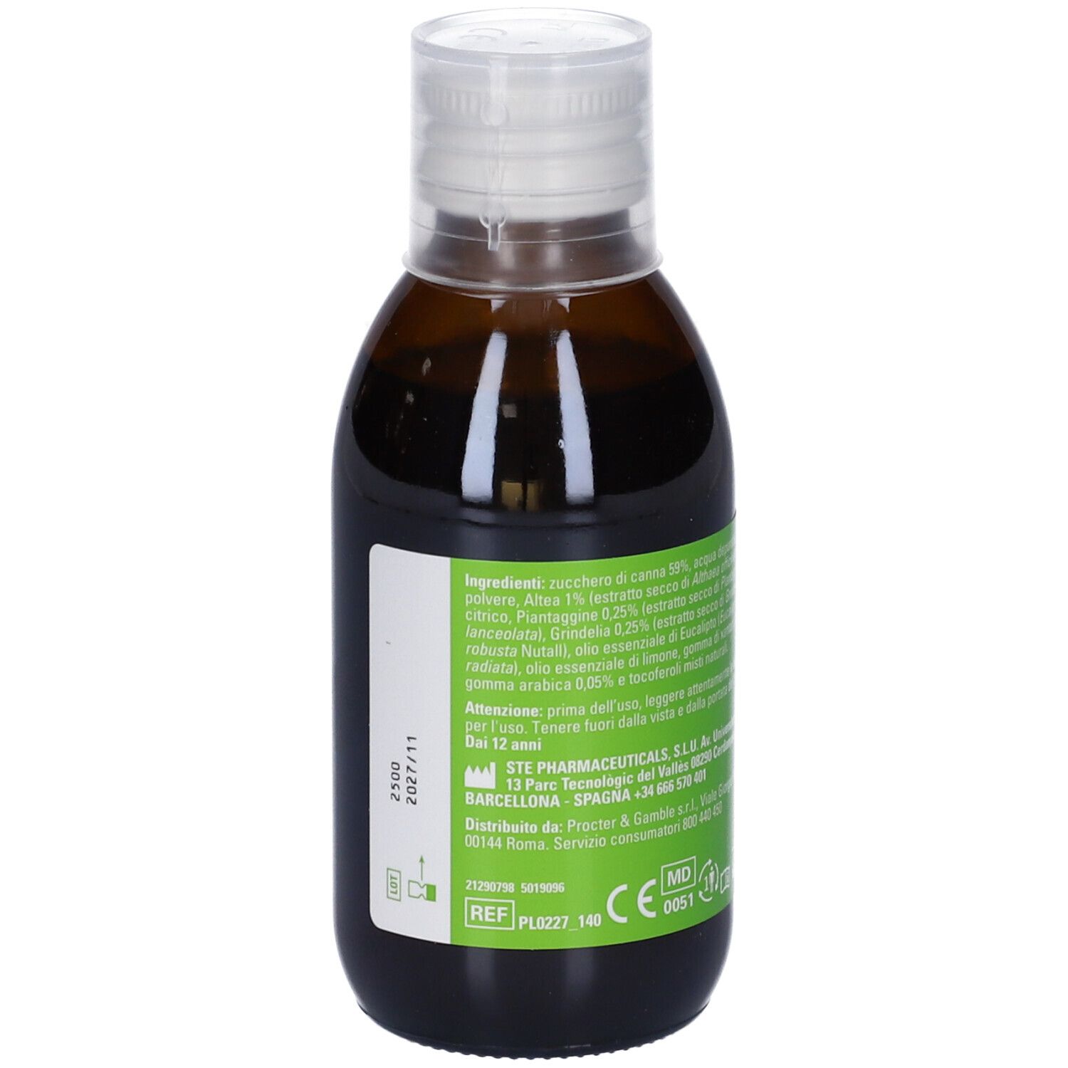 Retro di una bottiglia marrone con tappo bianco. Etichetta verde con testo e ingredienti. Marchio CE.