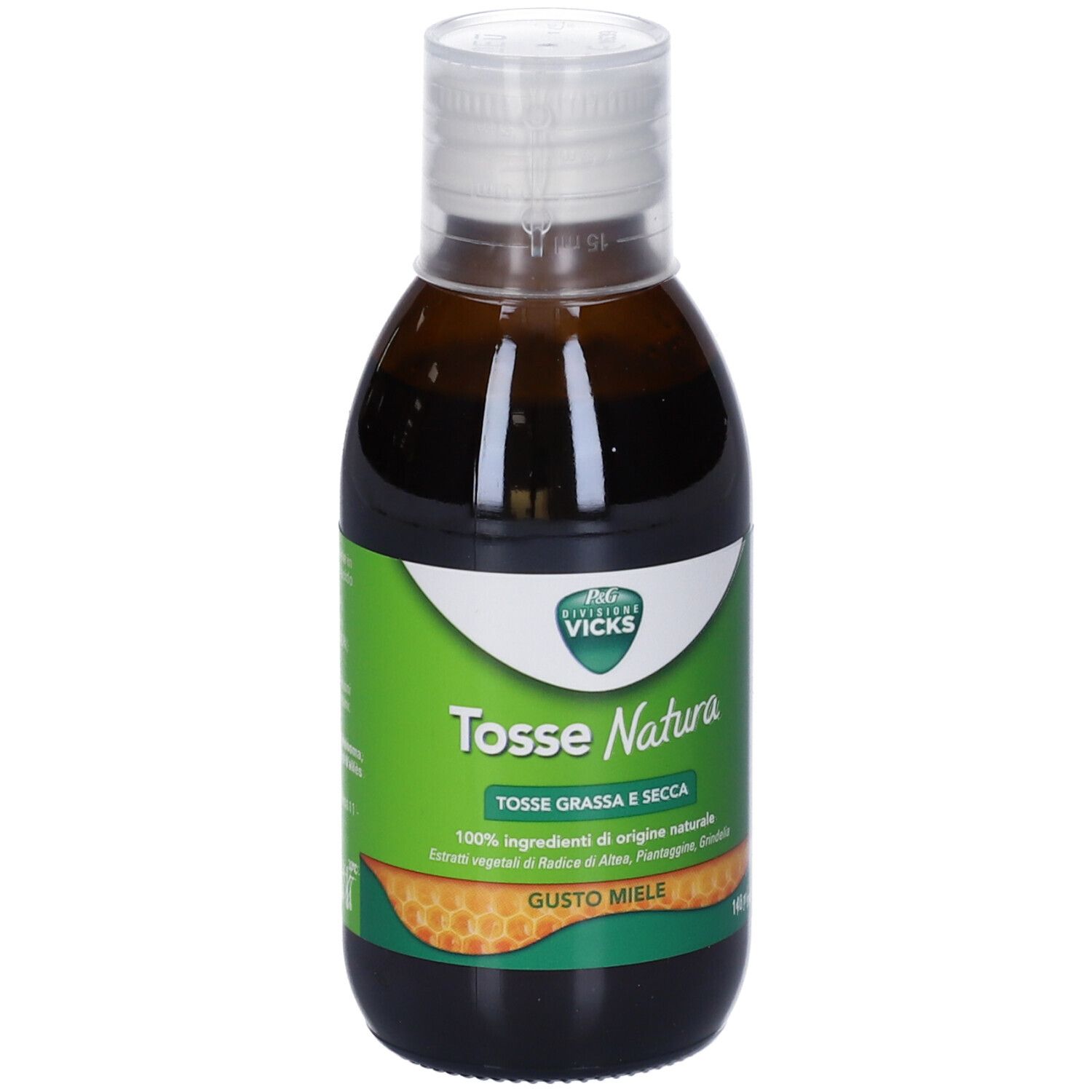 Flacone marrone con tappo bianco. Etichetta verde con testo: Tosse Natura, Gusto Miele. Design a nido d'ape.