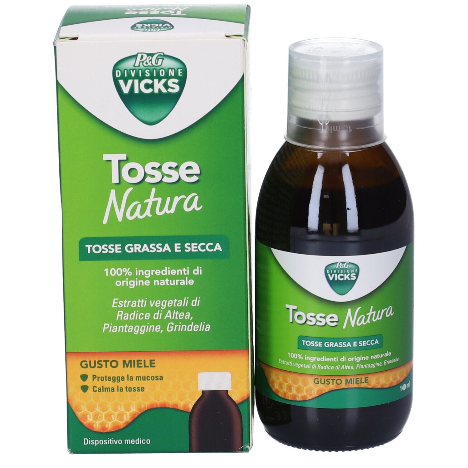 Confezione e flacone del prodotto. Scatola verde con testo: Tosse Natura. Flacone con tappo bianco.