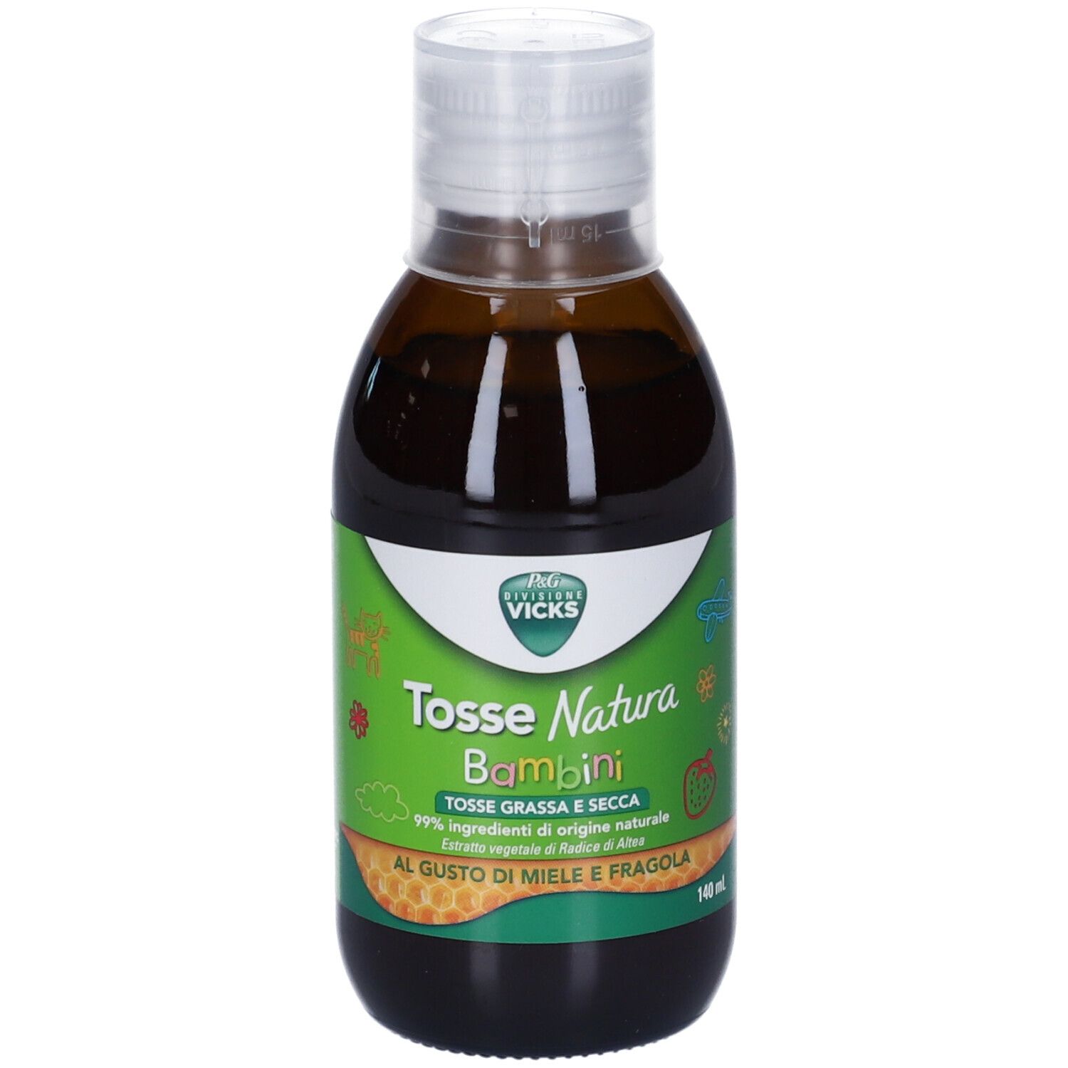 Bottiglia marrone con tappo bianco. Etichetta con nome e logo del prodotto. Testo: Tosse Natura Bambini, gusto miele e fragola.