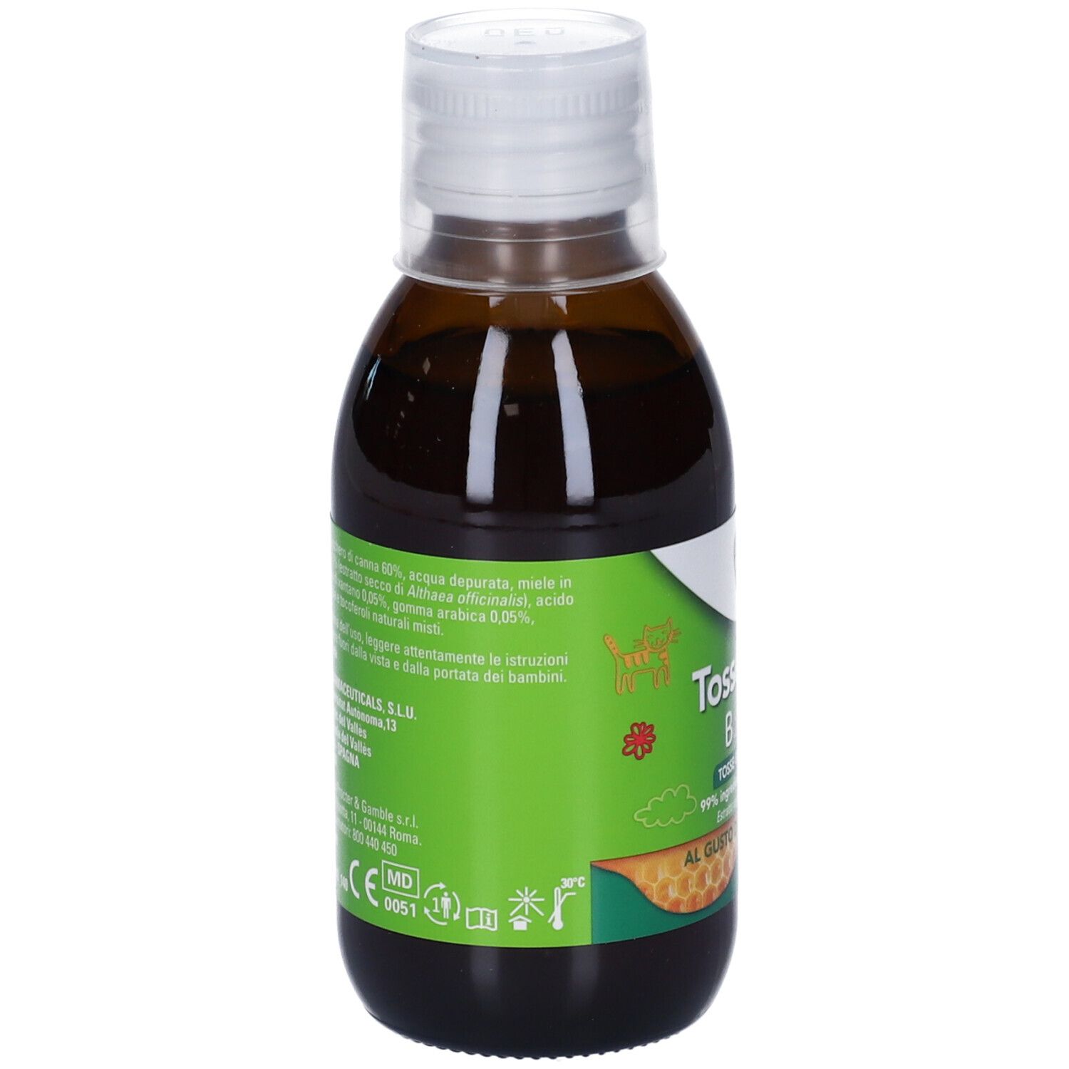 Bottiglia marrone con tappo bianco. Etichetta con nome e logo del prodotto. Testo: Tosse Natura Bambini, gusto miele e fragola.