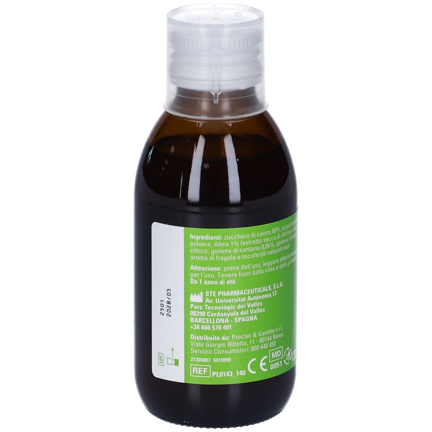 Bottiglia marrone con tappo bianco. Etichetta con nome e logo del prodotto. Testo: Tosse Natura Bambini, gusto miele e fragola.