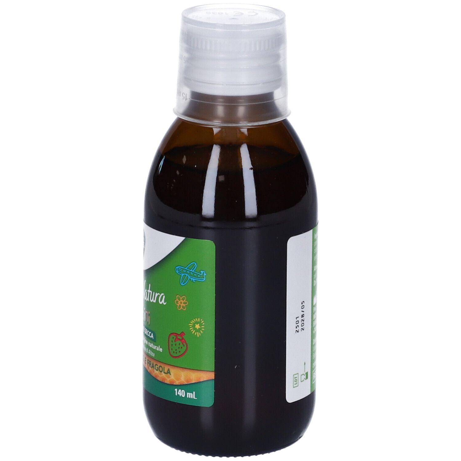 Bottiglia marrone con tappo bianco. Etichetta con nome e logo del prodotto. Testo: Tosse Natura Bambini, gusto miele e fragola.